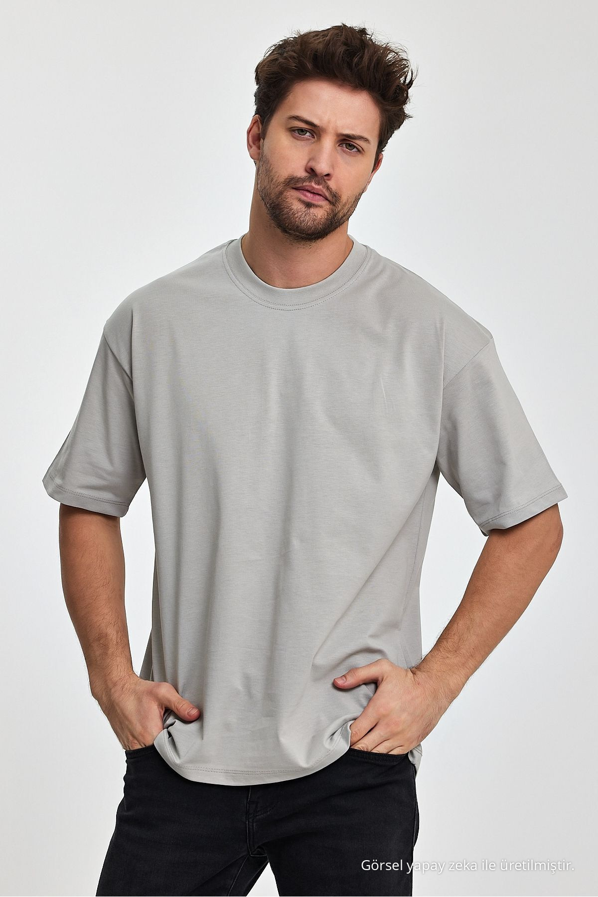 Erkek Oversize Fit Kalın Kumaş Dokulu Bisiklet Yaka T-shirt GRI 3
