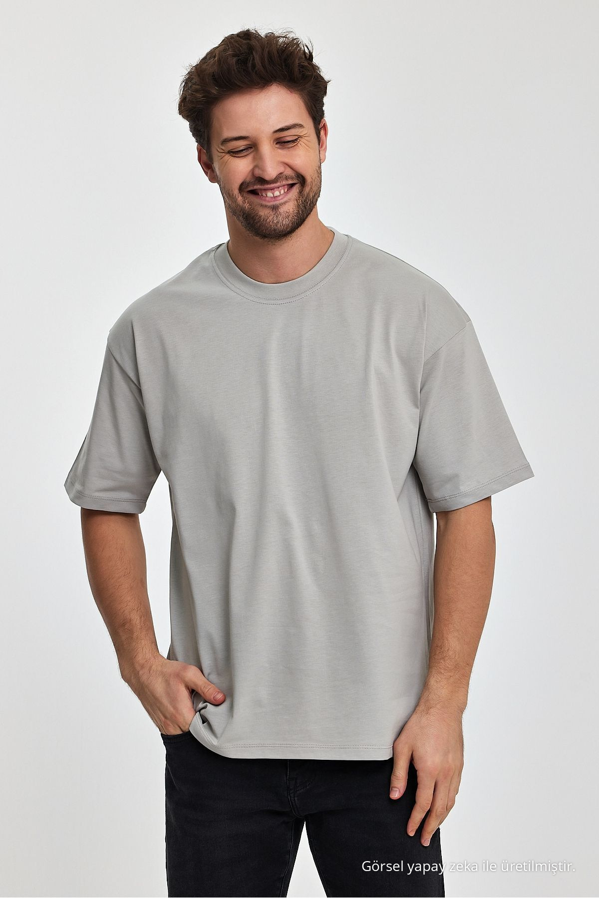 Erkek Oversize Fit Kalın Kumaş Dokulu Bisiklet Yaka T-shirt GRI 5