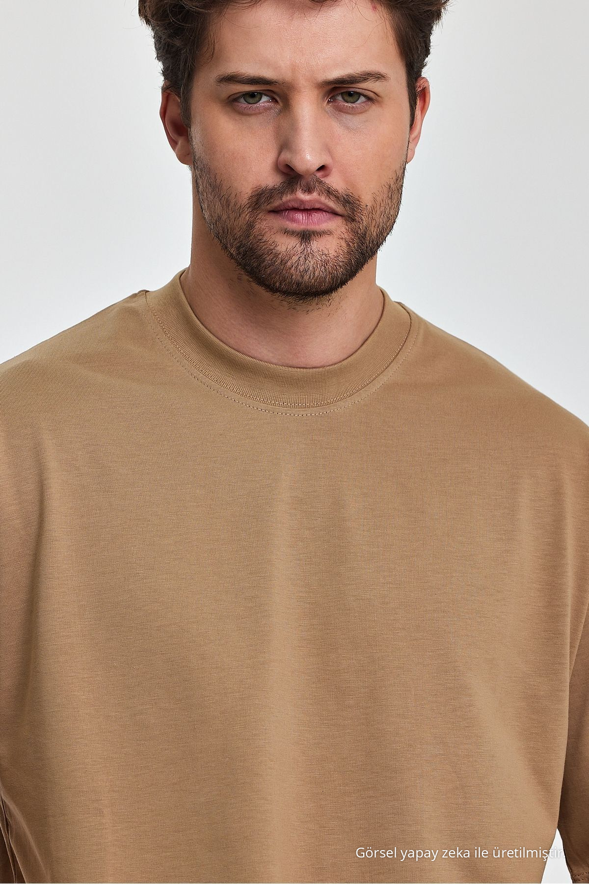 Erkek Oversize Fit Kalın Kumaş Dokulu Bisiklet Yaka T-shirt KARAMEL 4