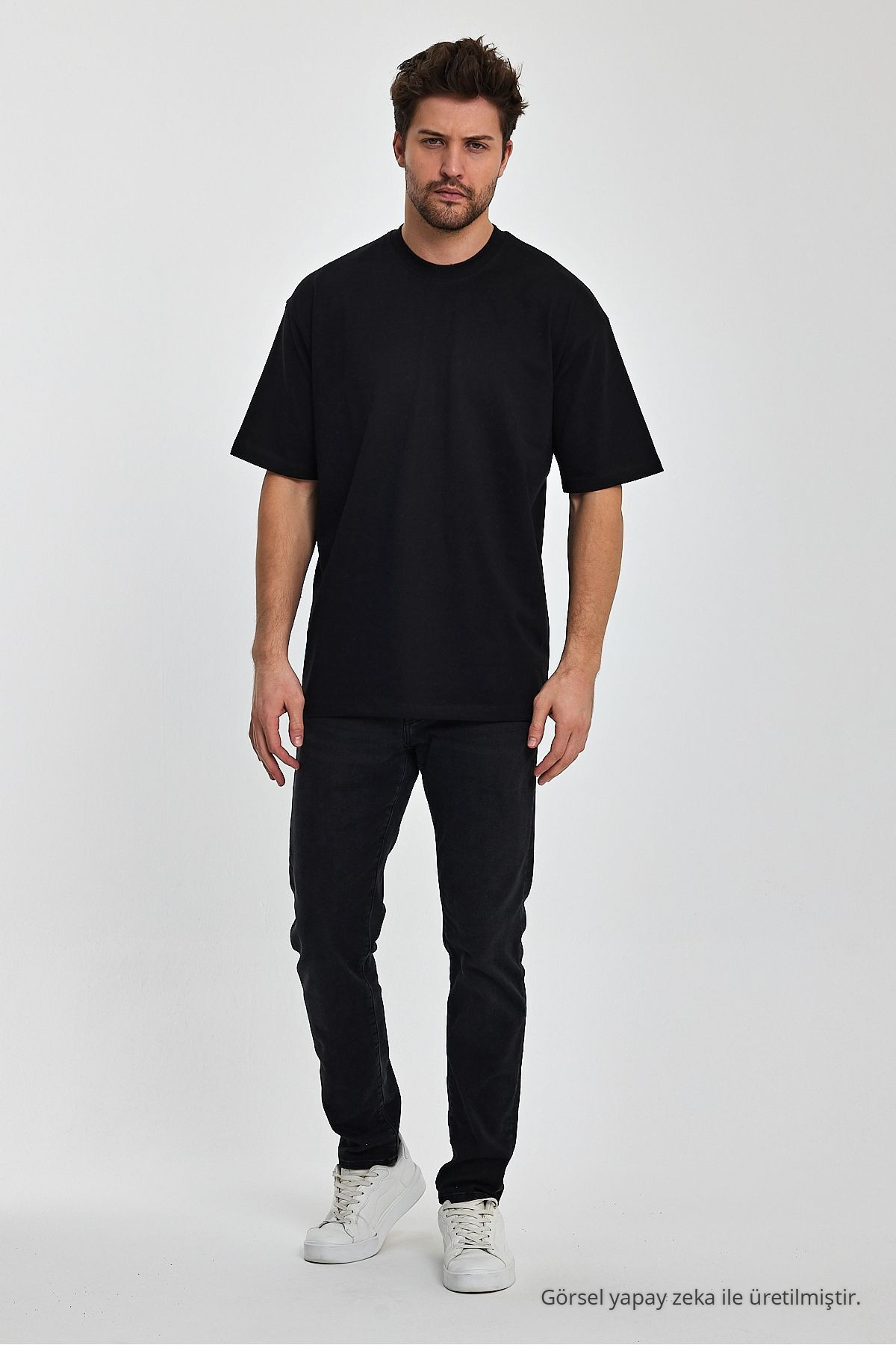 Erkek Oversize Fit Kalın Kumaş Dokulu Bisiklet Yaka T-shirt SİYAH 6