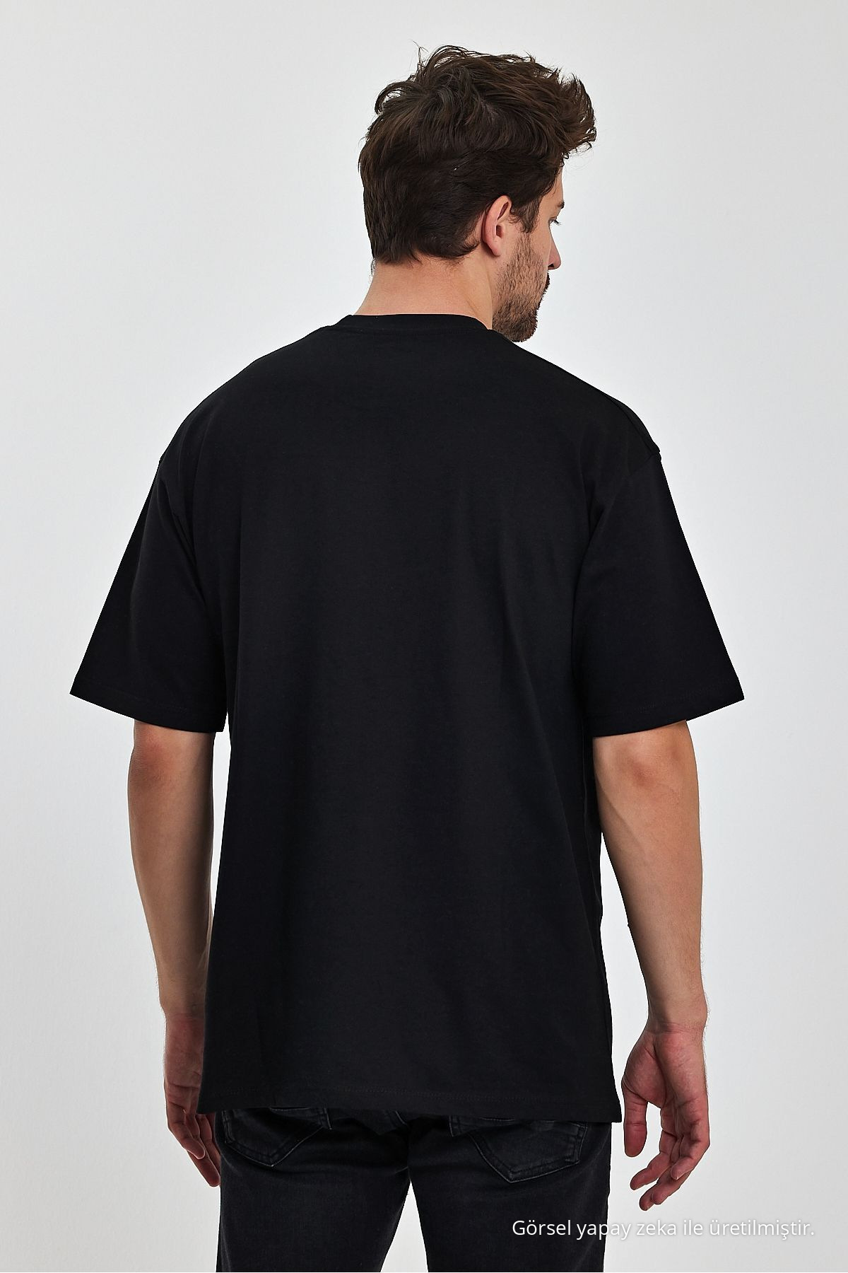 Erkek Oversize Fit Kalın Kumaş Dokulu Bisiklet Yaka T-shirt SİYAH 7