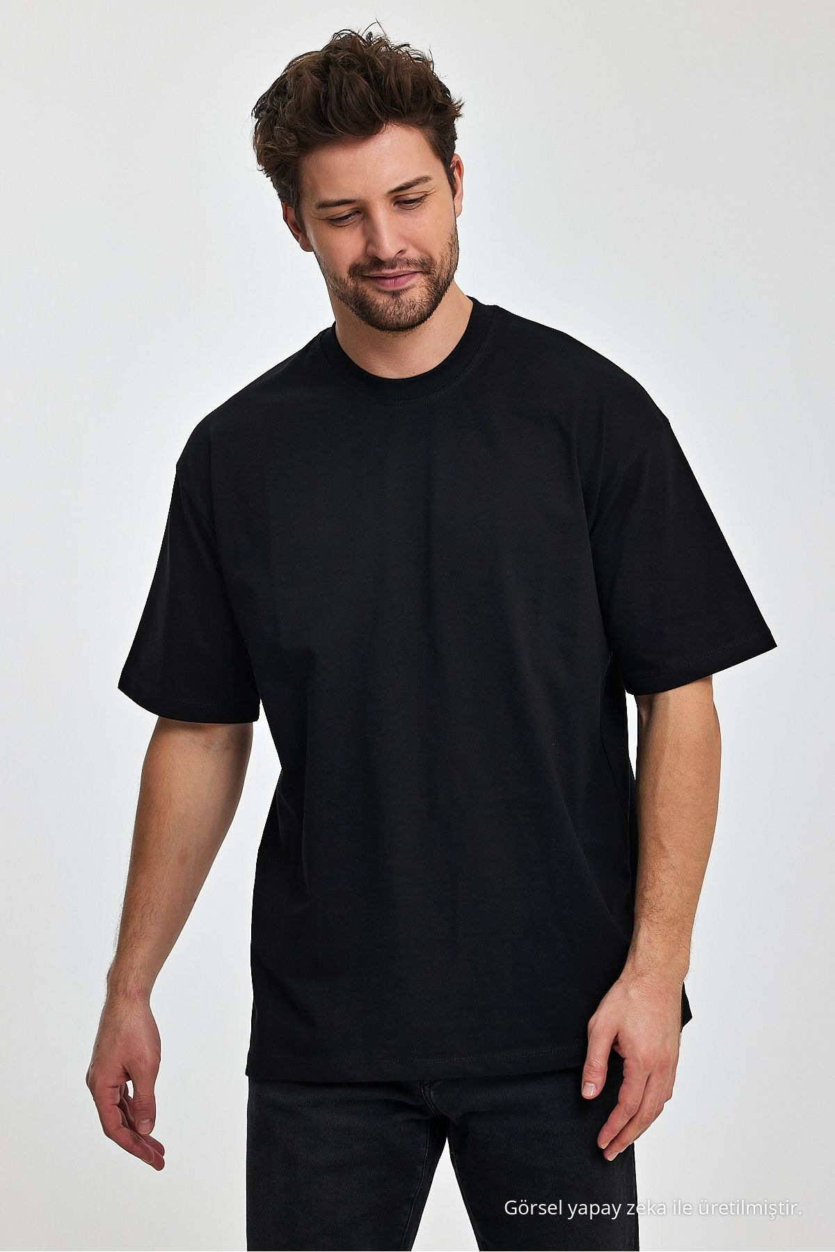 Erkek Oversize Fit Kalın Kumaş Dokulu Bisiklet Yaka T-shirt SİYAH 4
