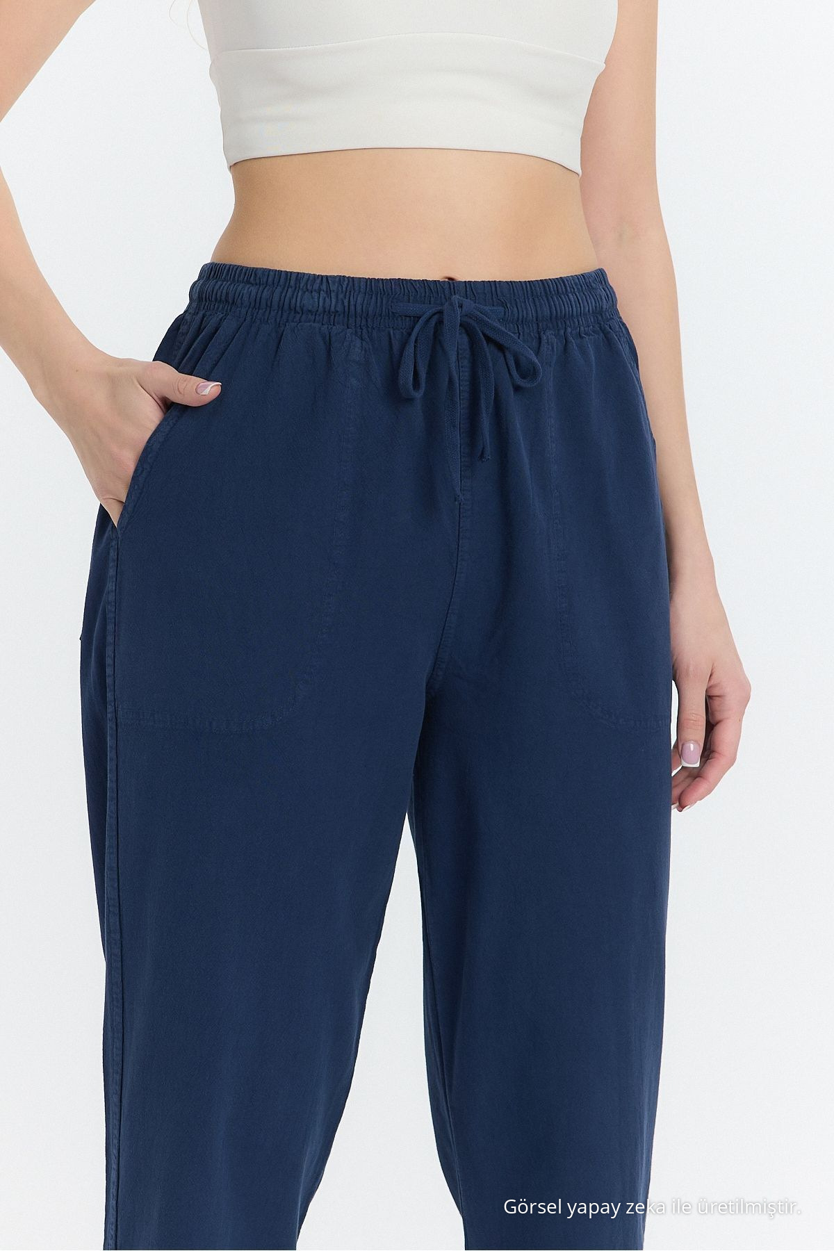 Keten Karışımlı Bol Kesim LACİVERT Pantolon 3