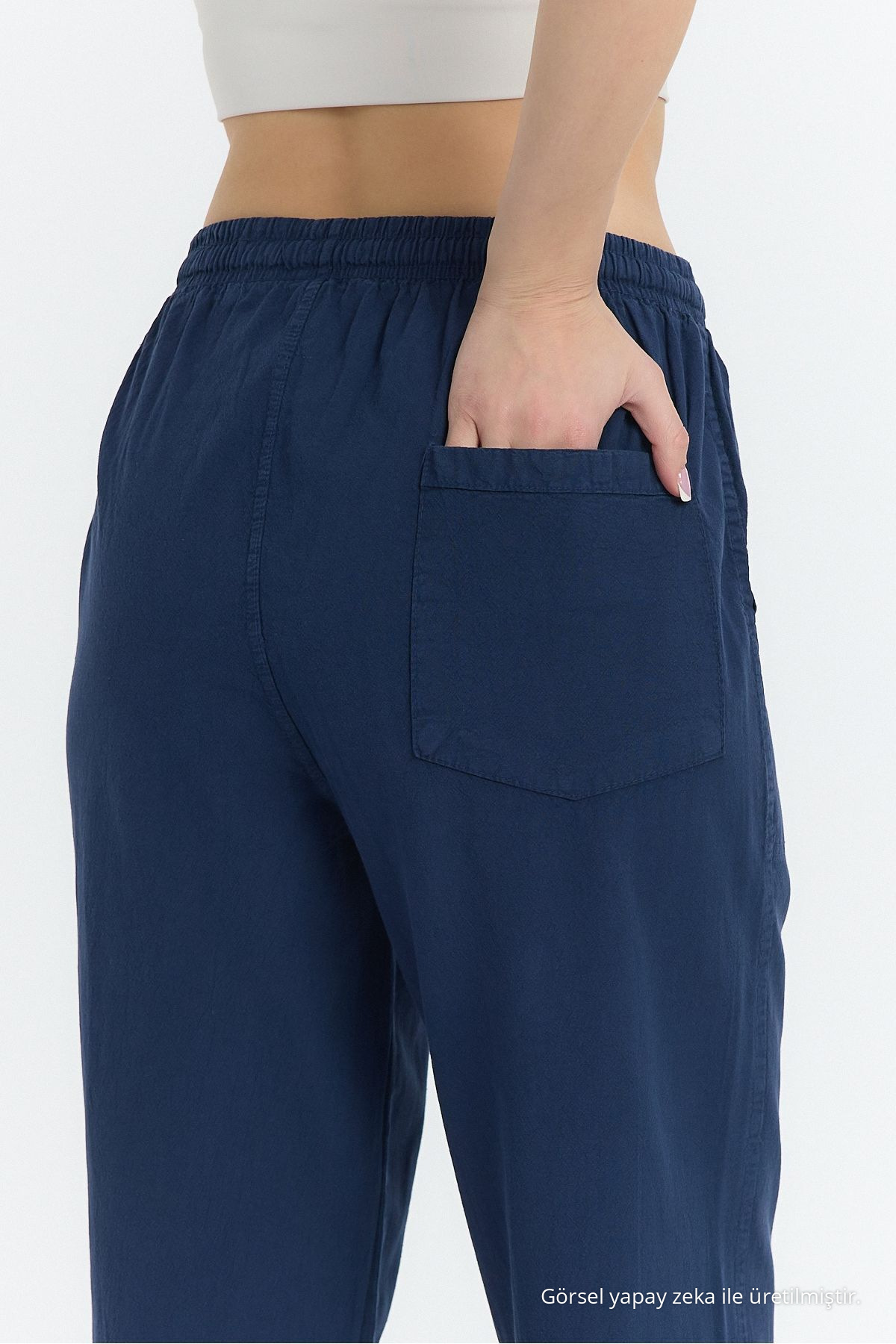 Keten Karışımlı Bol Kesim LACİVERT Pantolon 8