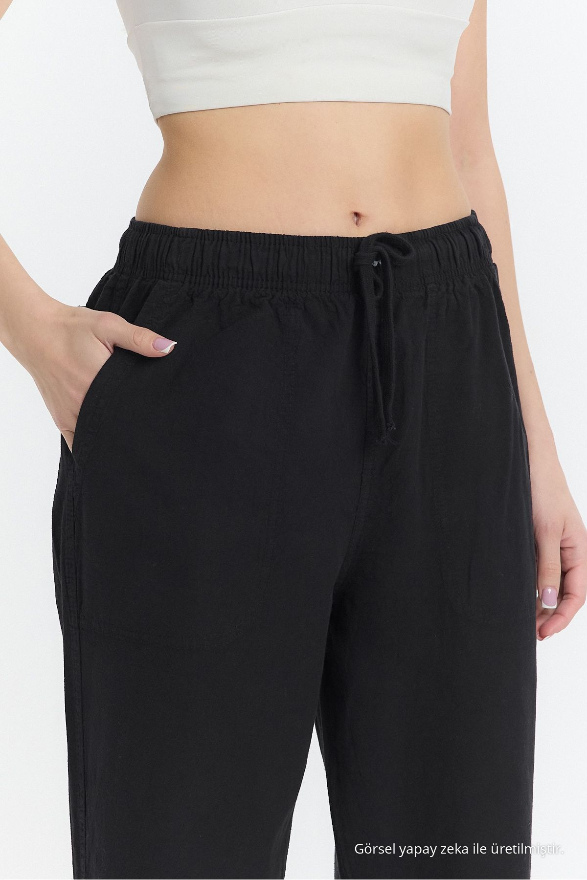 Keten Karışımlı Bol Kesim SİYAH Pantolon 6