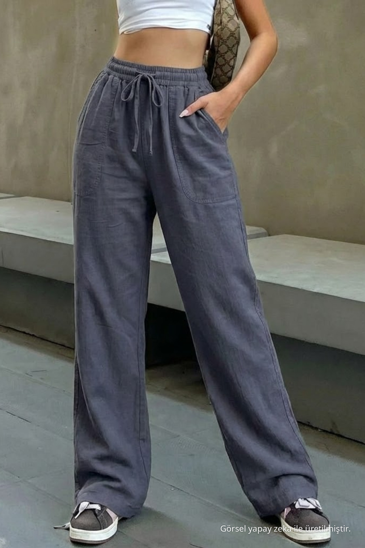Kadın Beli Lastikli Füme Keten Pantolon 4