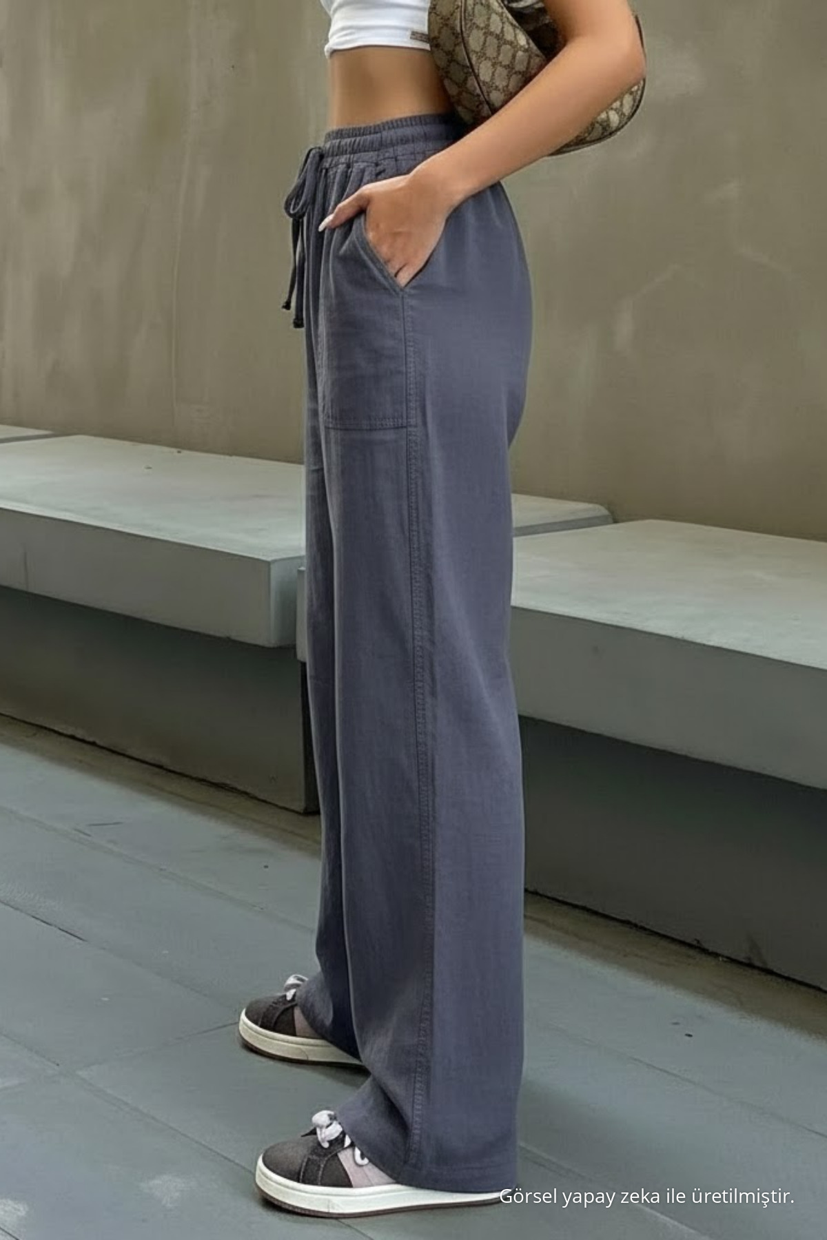 Kadın Beli Lastikli Füme Keten Pantolon 3