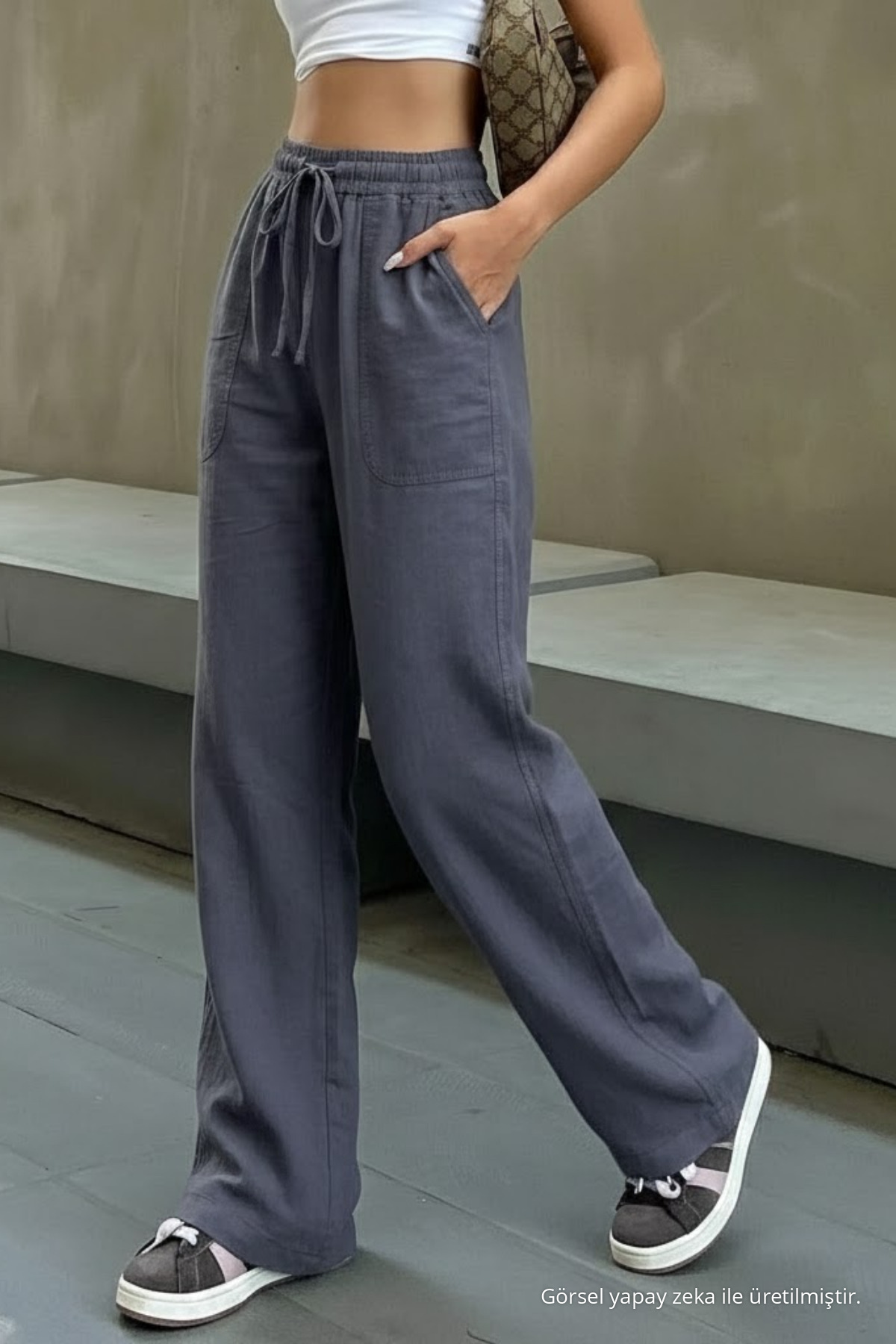 Kadın Beli Lastikli Füme Keten Pantolon 6