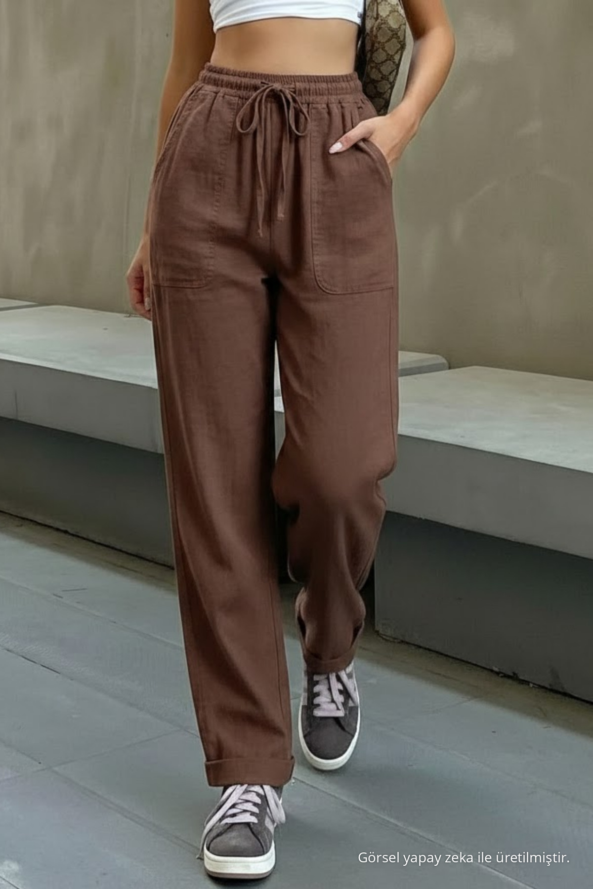 Kadın Beli Lastikli Kahve Keten Pantolon 4