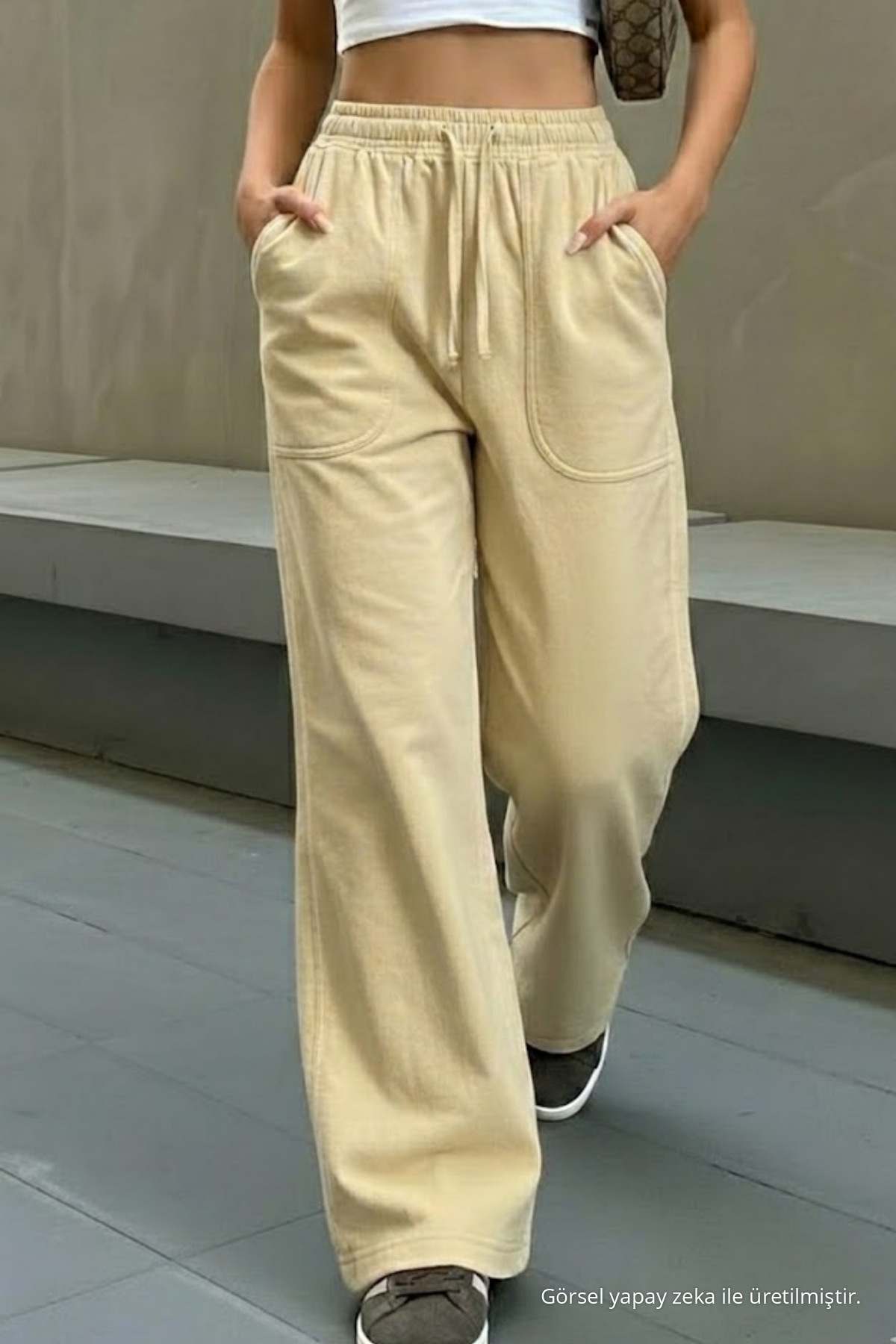 Kadın Beli Lastikli Krem Keten Pantolon 4