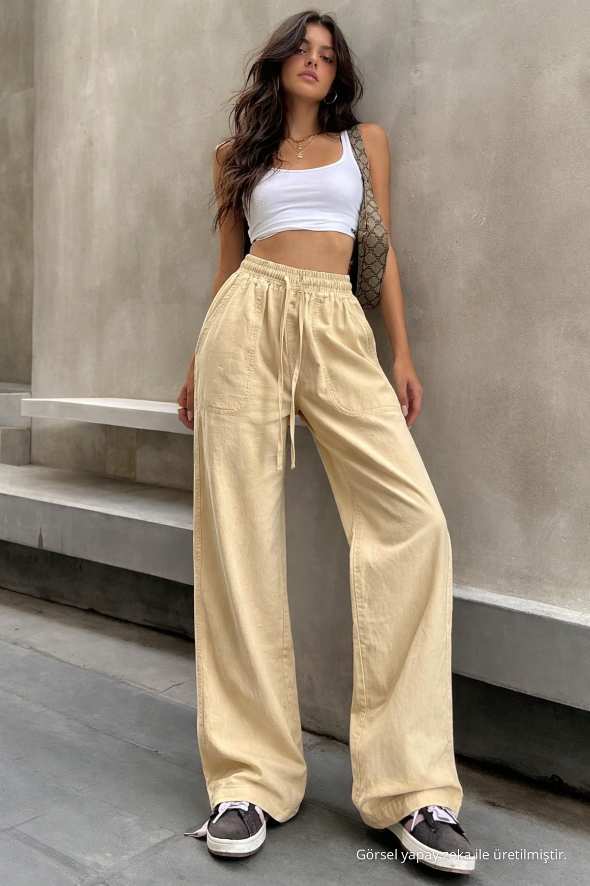 Kadın Beli Lastikli Krem Keten Pantolon 6