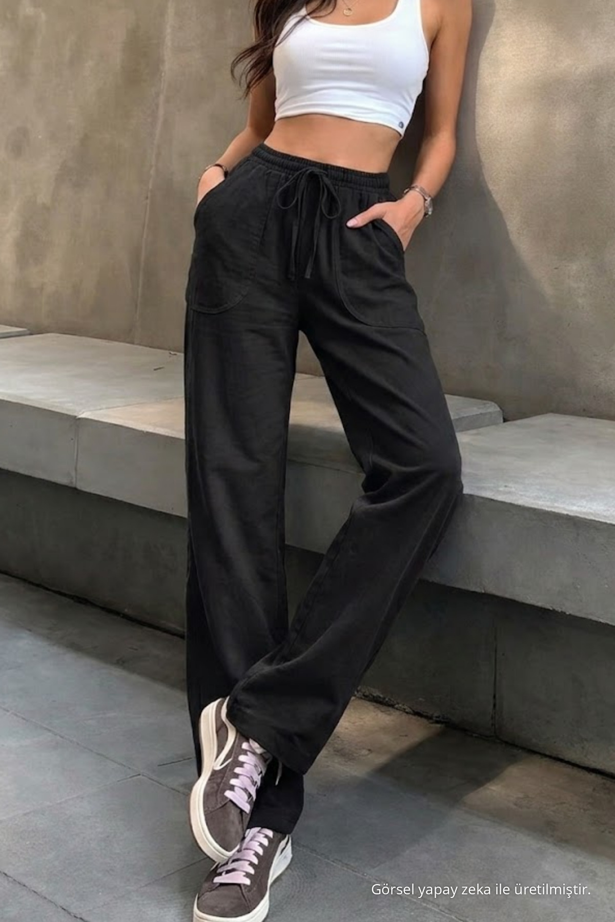 Kadın Beli Lastikli Siyah Keten Pantolon 6