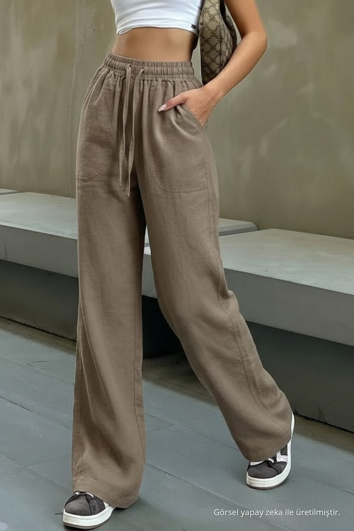 Kadın Beli Lastikli Vizon Keten Pantolon 4