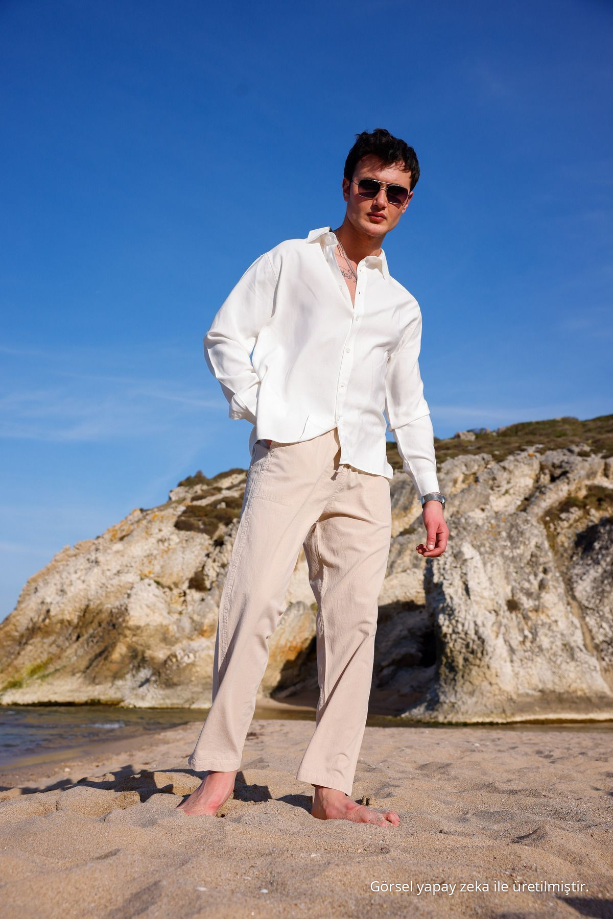 RELAXED FIT PAMUKLU KETEN PANTOLON BEJ 4