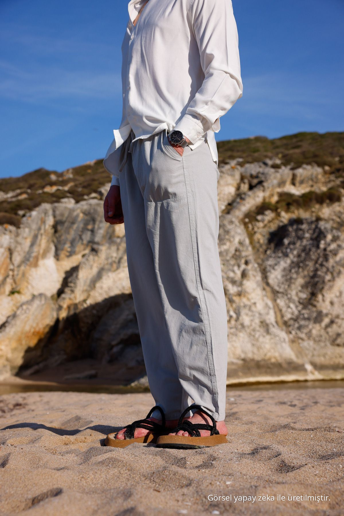 RELAXED FIT PAMUKLU KETEN PANTOLON GRİ 6