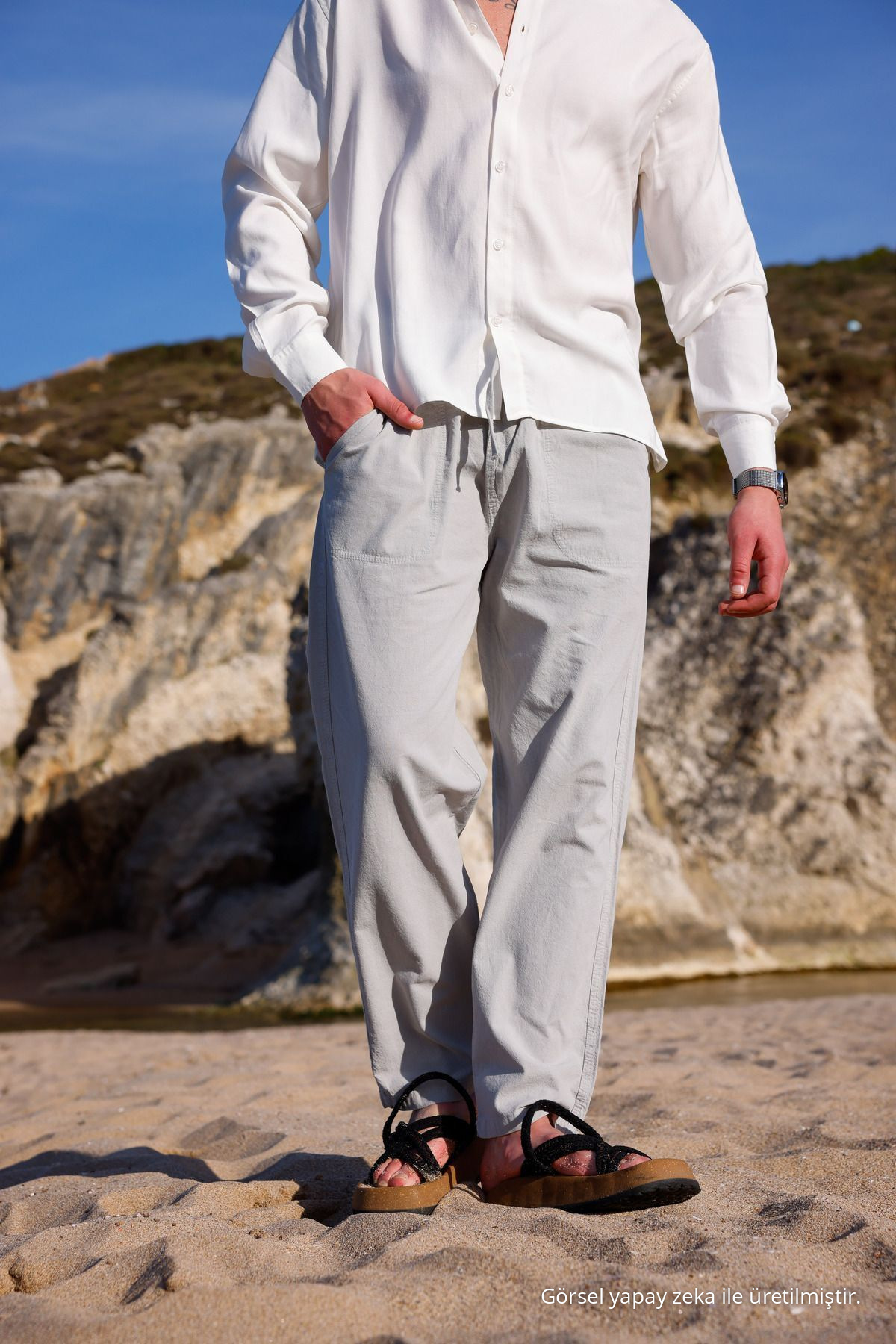 RELAXED FIT PAMUKLU KETEN PANTOLON GRİ 5