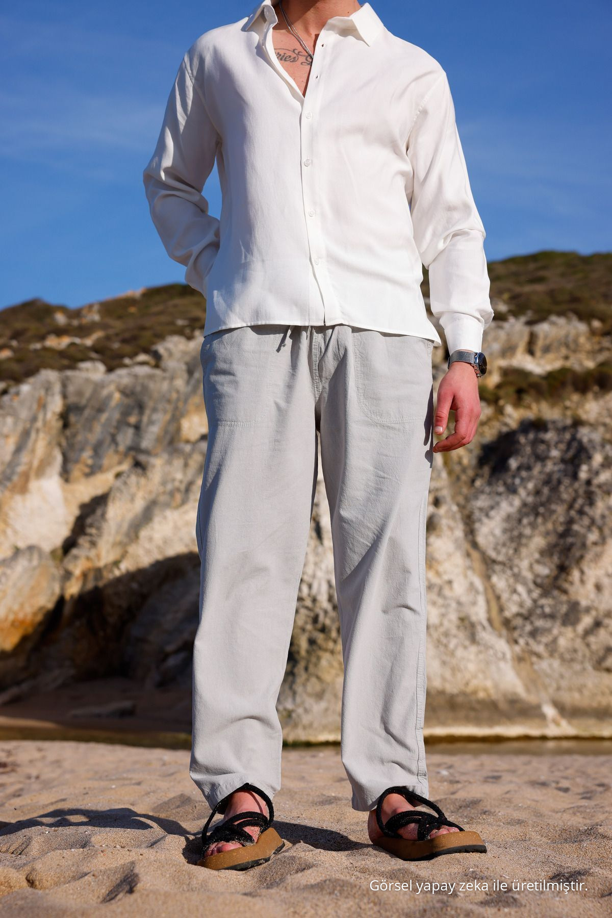 RELAXED FIT PAMUKLU KETEN PANTOLON GRİ 3