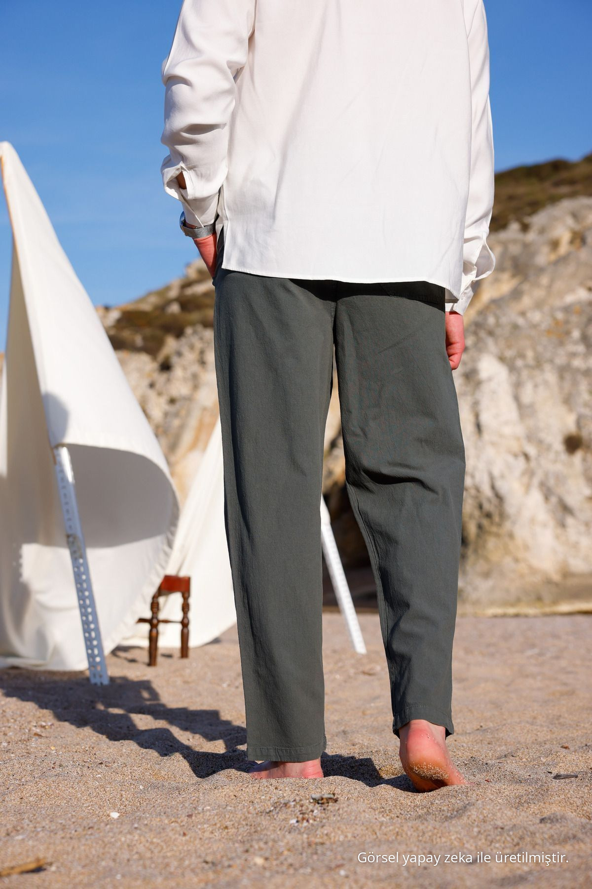 RELAXED FIT PAMUKLU KETEN PANTOLON HAKİ 7