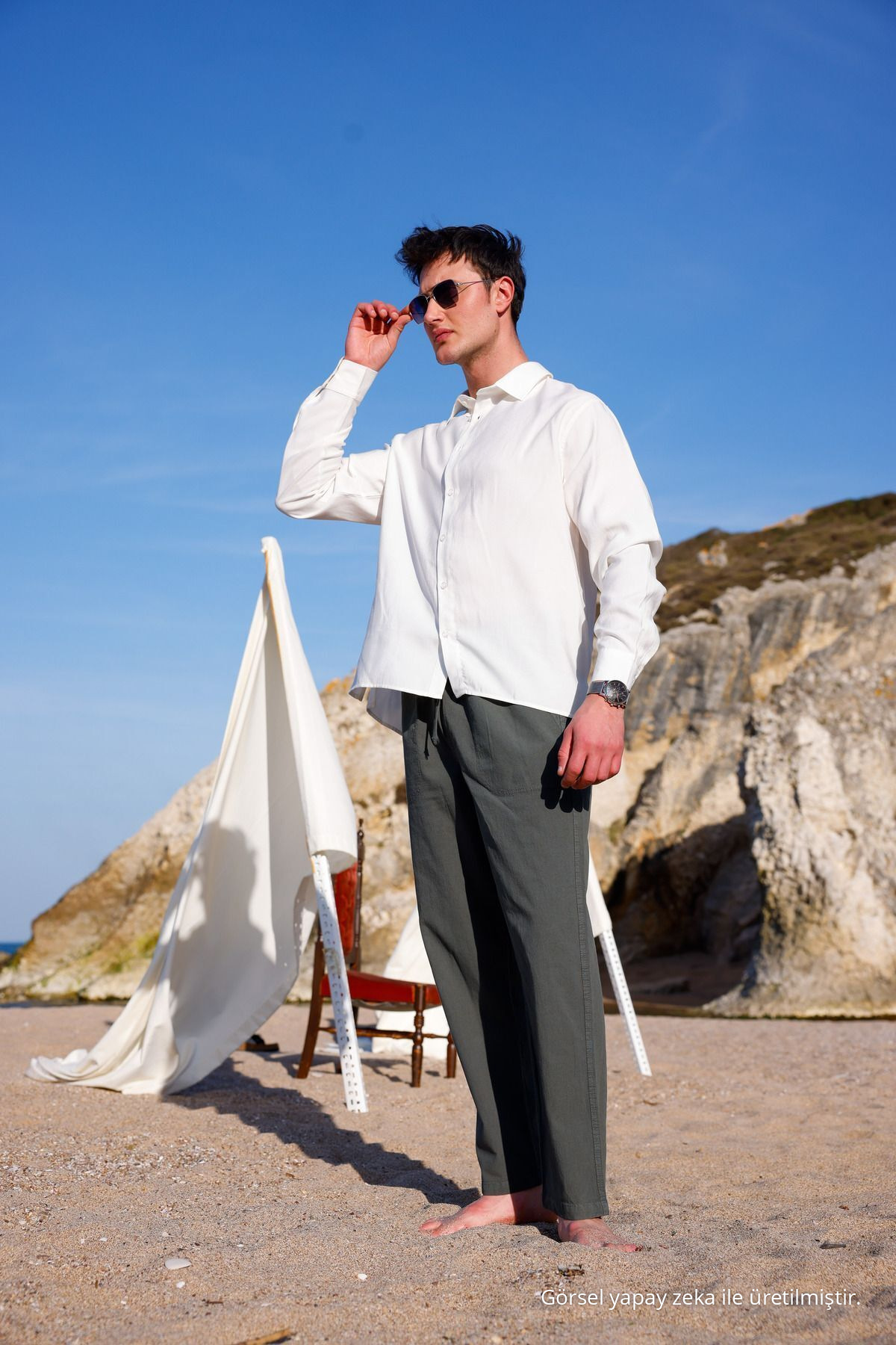 RELAXED FIT PAMUKLU KETEN PANTOLON HAKİ 4