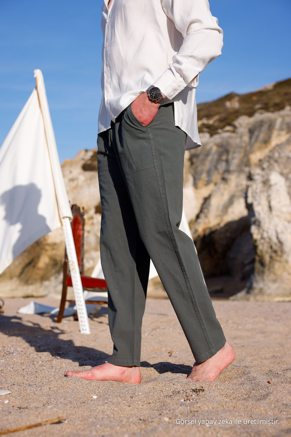RELAXED FIT PAMUKLU KETEN PANTOLON HAKİ 6