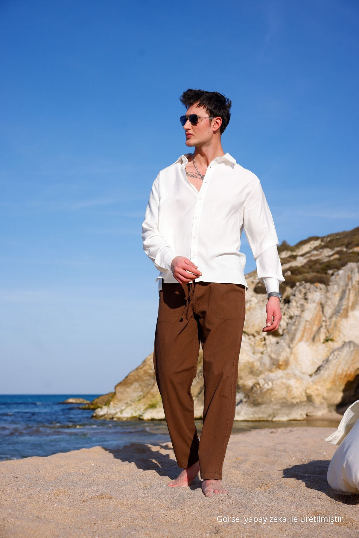 Relaxed Fıt Pamuklu Keten Pantolon KAHVERENGİ 3