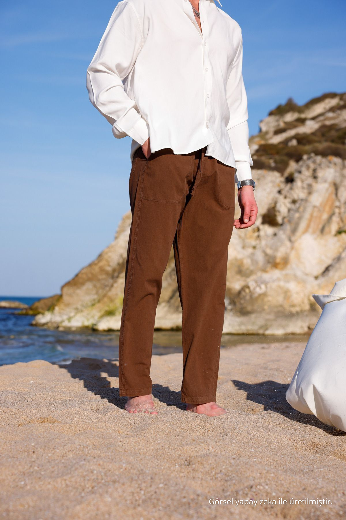 Relaxed Fıt Pamuklu Keten Pantolon KAHVERENGİ 4