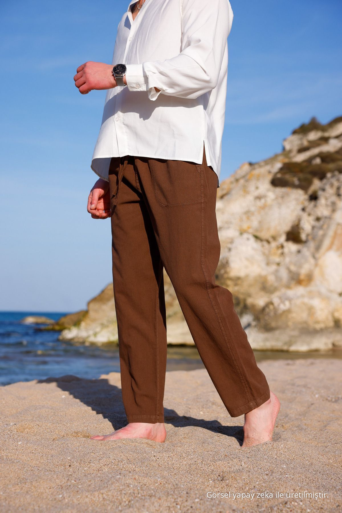 Relaxed Fıt Pamuklu Keten Pantolon KAHVERENGİ 6