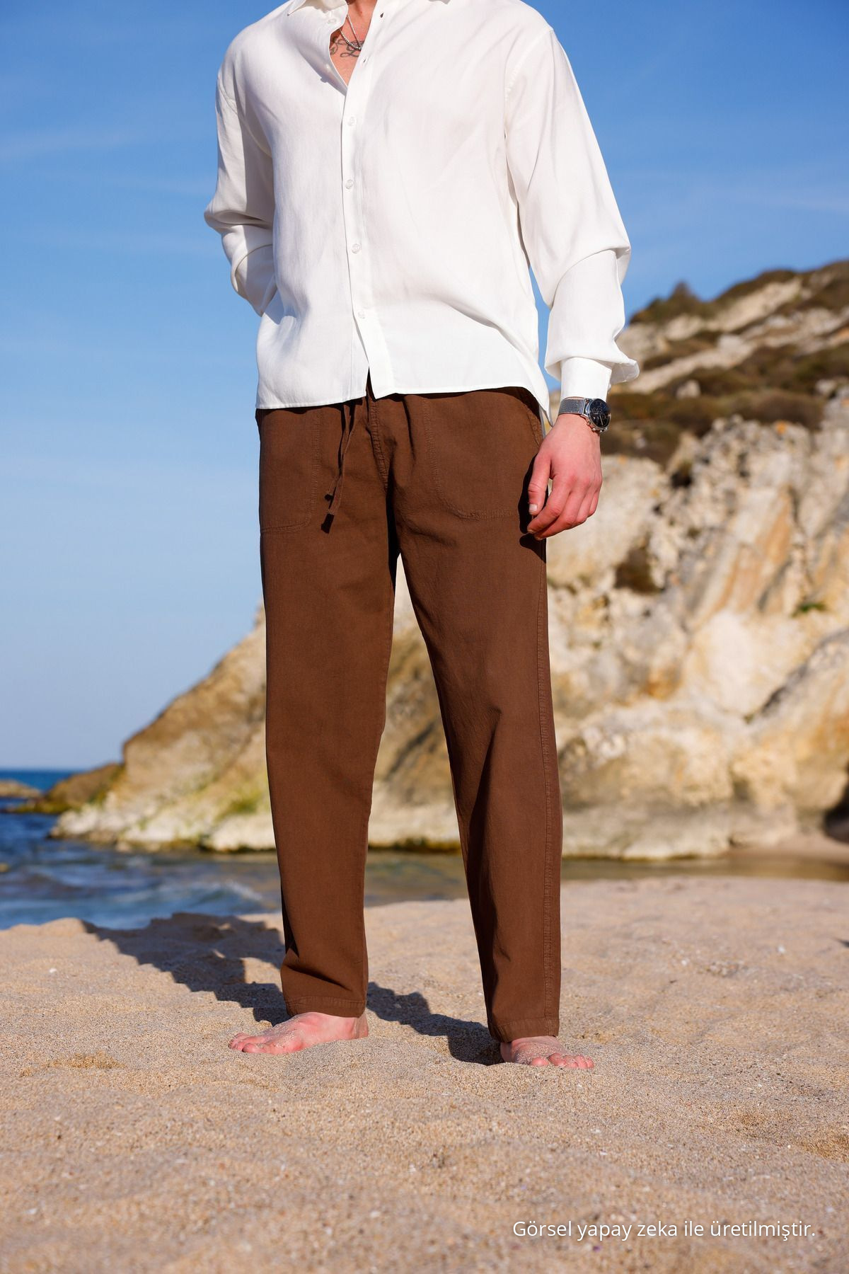 Relaxed Fıt Pamuklu Keten Pantolon KAHVERENGİ 5