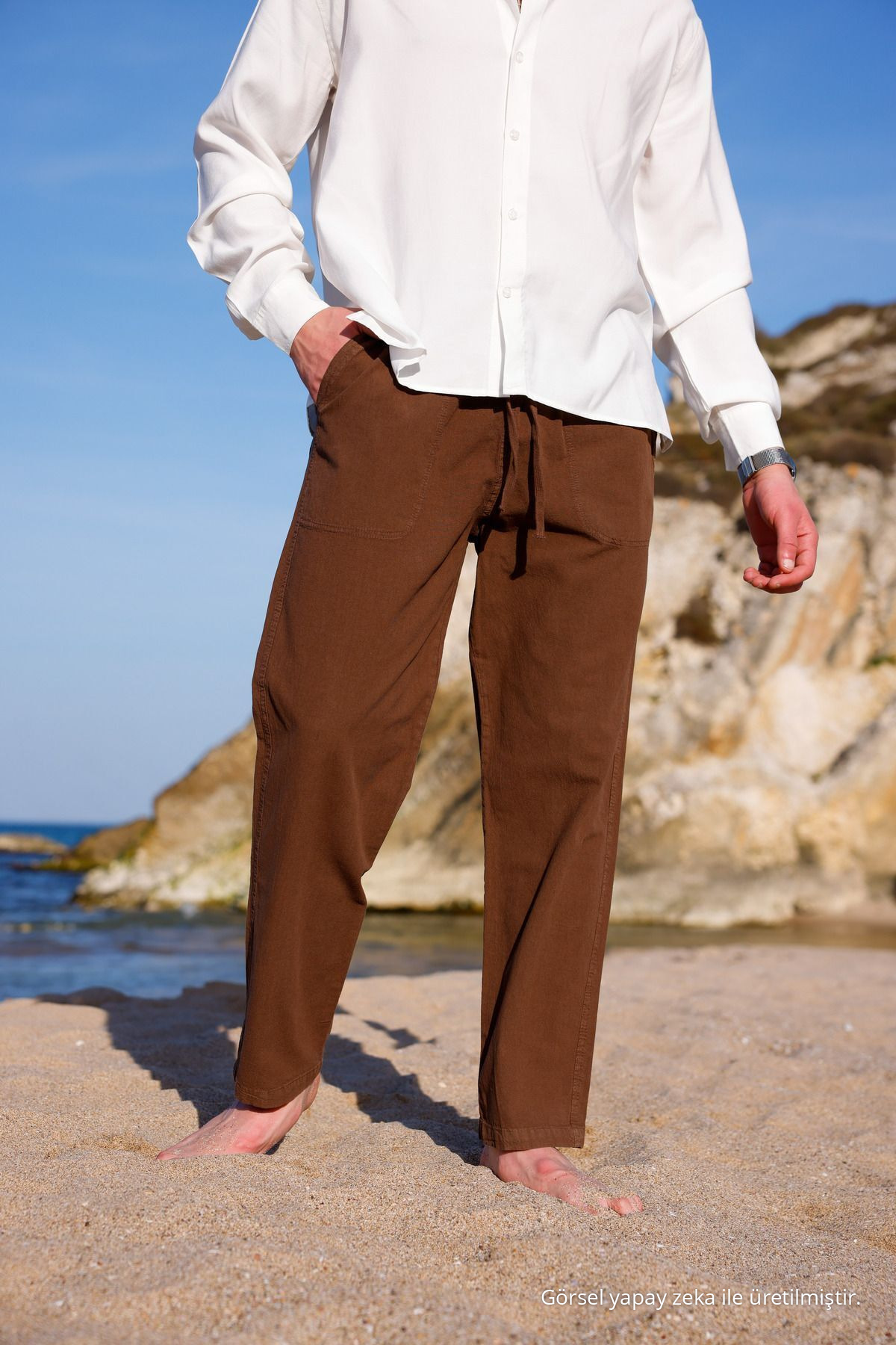 Relaxed Fıt Pamuklu Keten Pantolon KAHVERENGİ 7