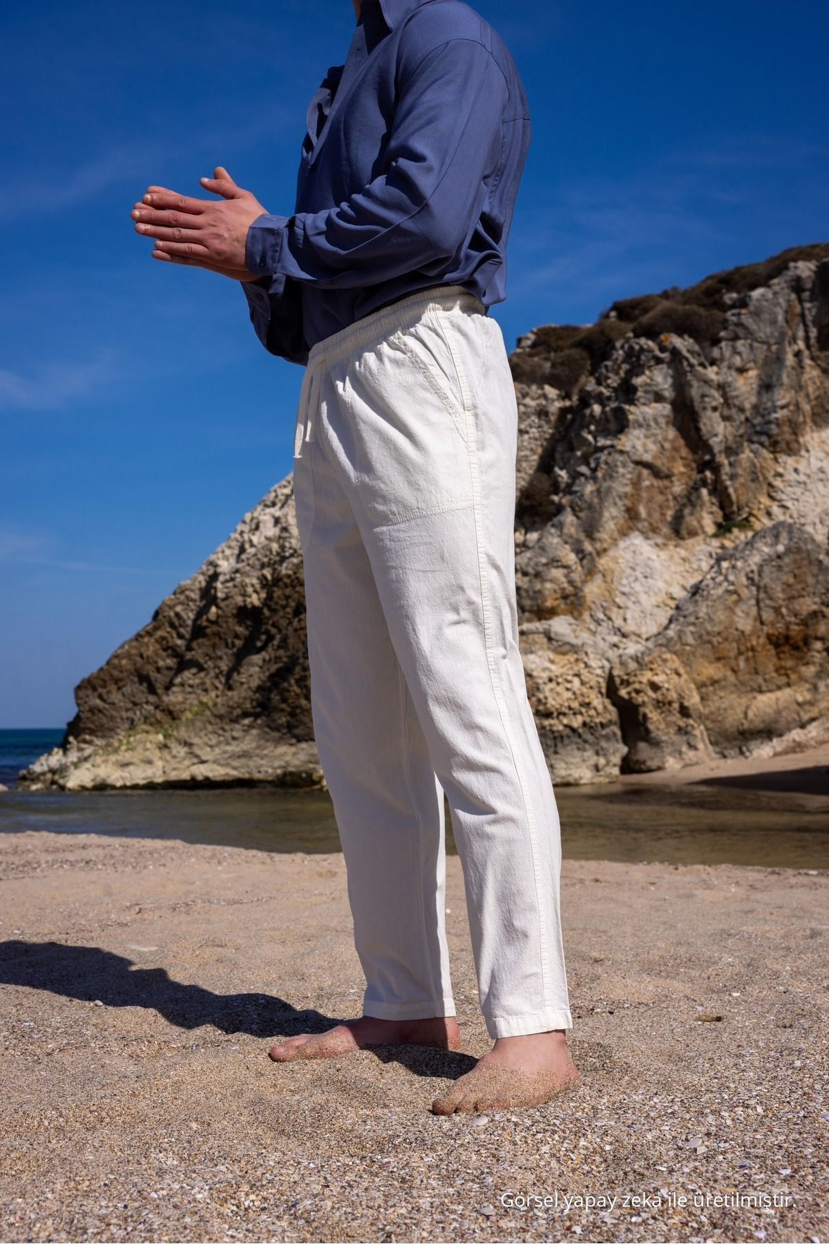 RELAXED FIT PAMUKLU KIRIK BEYAZ KETEN PANTOLON 6