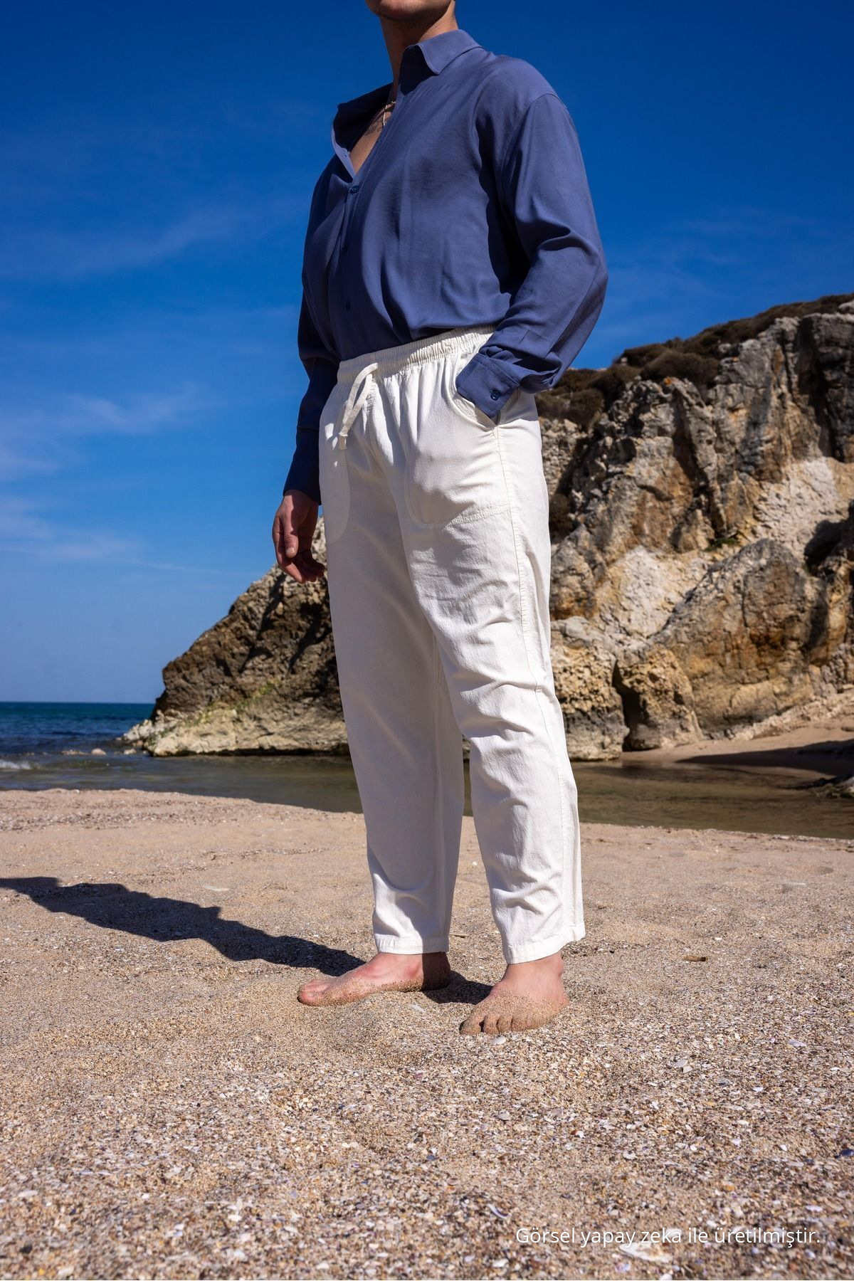 RELAXED FIT PAMUKLU KIRIK BEYAZ KETEN PANTOLON 5