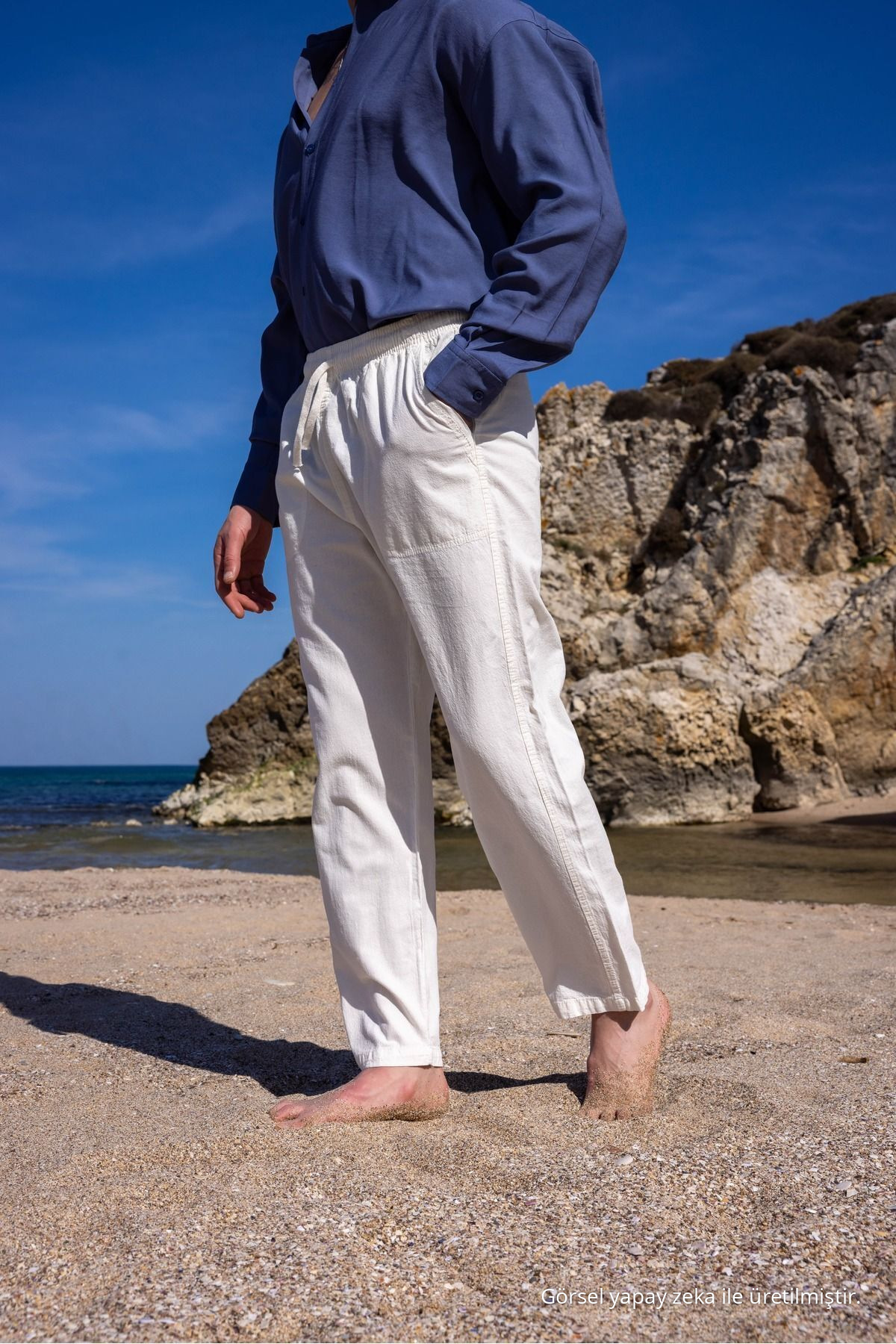 RELAXED FIT PAMUKLU KIRIK BEYAZ KETEN PANTOLON 7