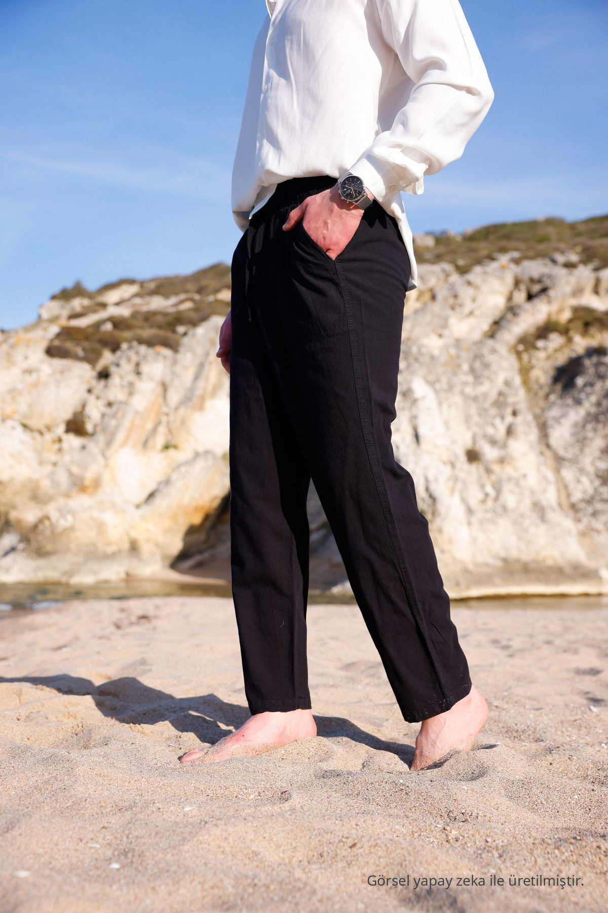 RELAXED FIT PAMUKLU KETEN PANTOLON SİYAH 6