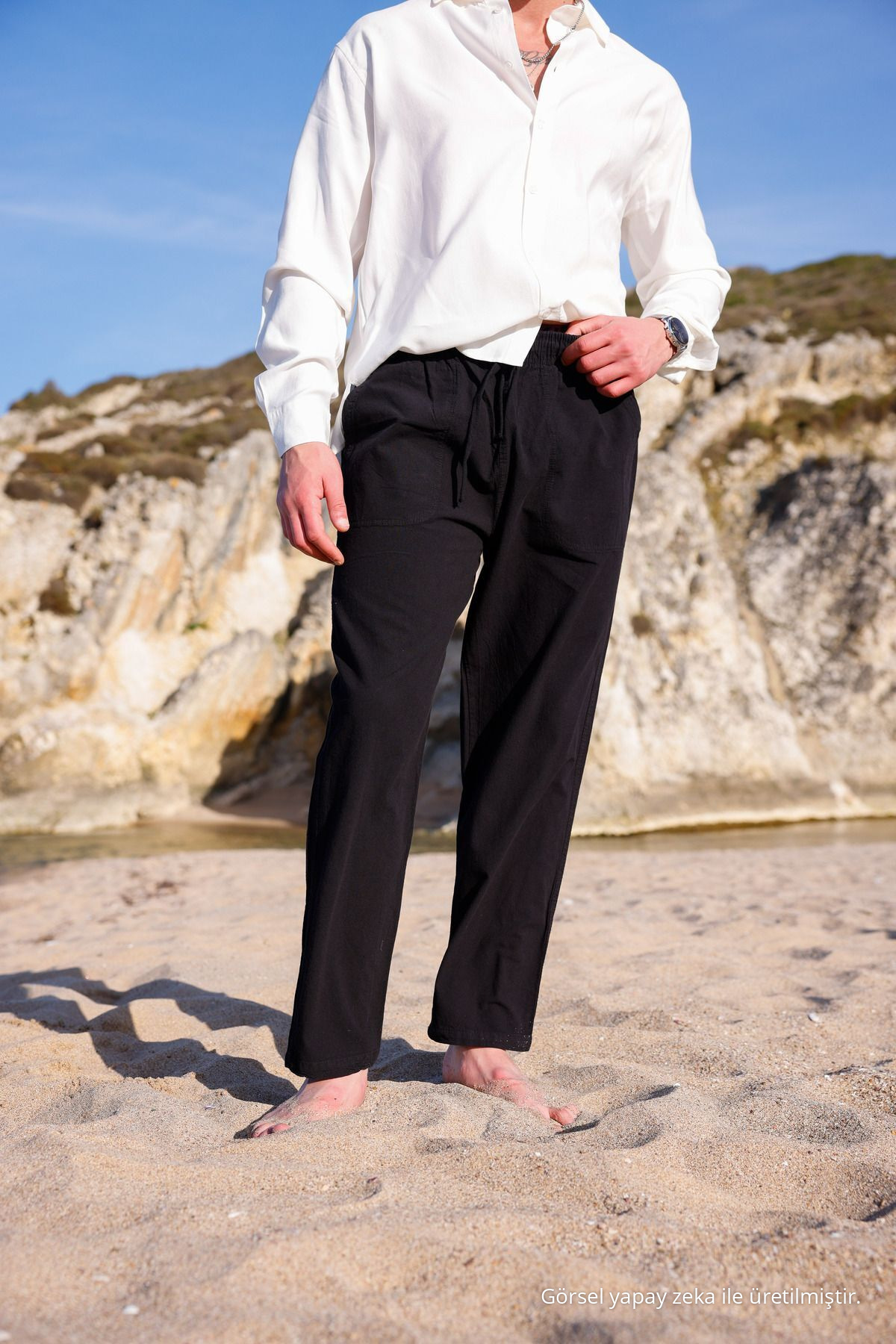 RELAXED FIT PAMUKLU KETEN PANTOLON SİYAH 7