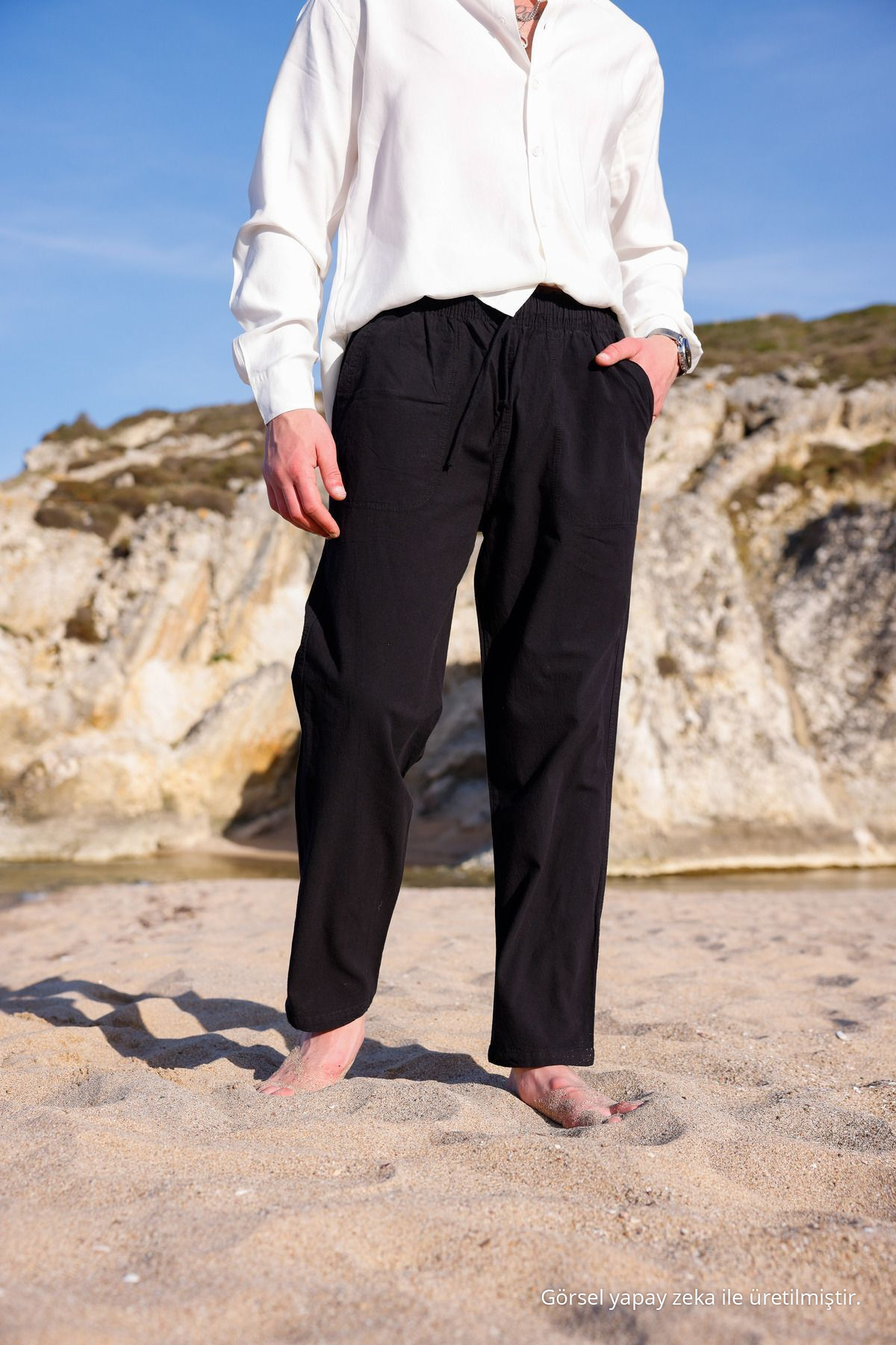 RELAXED FIT PAMUKLU KETEN PANTOLON SİYAH 5