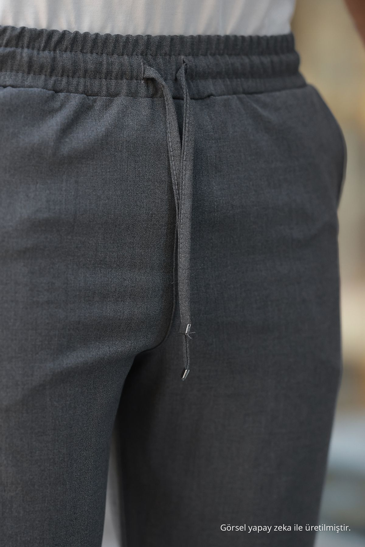 Erkek Beli Lastikli Bağcıklı Jogger ANTRASİT Kumaş Pantolon Rahat Kesim Yan Cepli 4