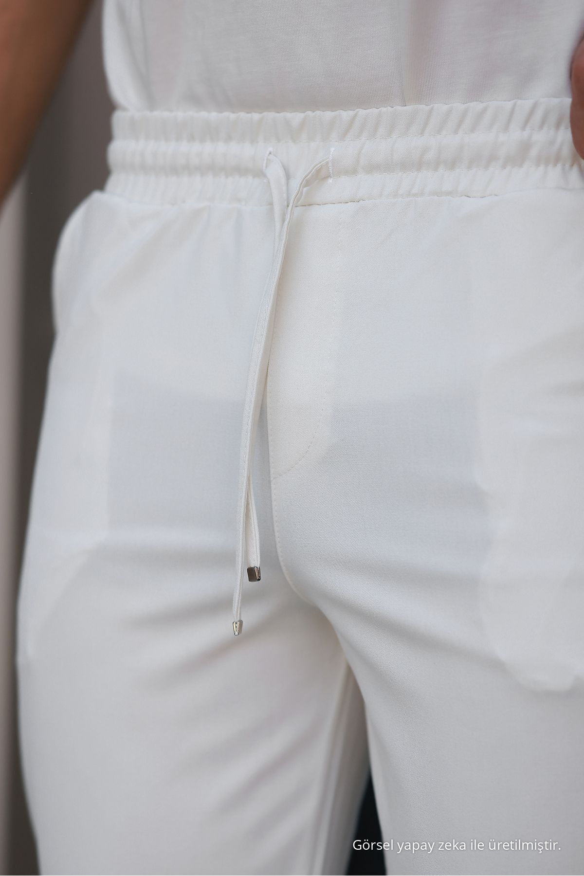 Erkek Beli Lastikli Bağcıklı Jogger Beyaz Kumaş Pantolon Rahat Kesim Yan Cepli 4