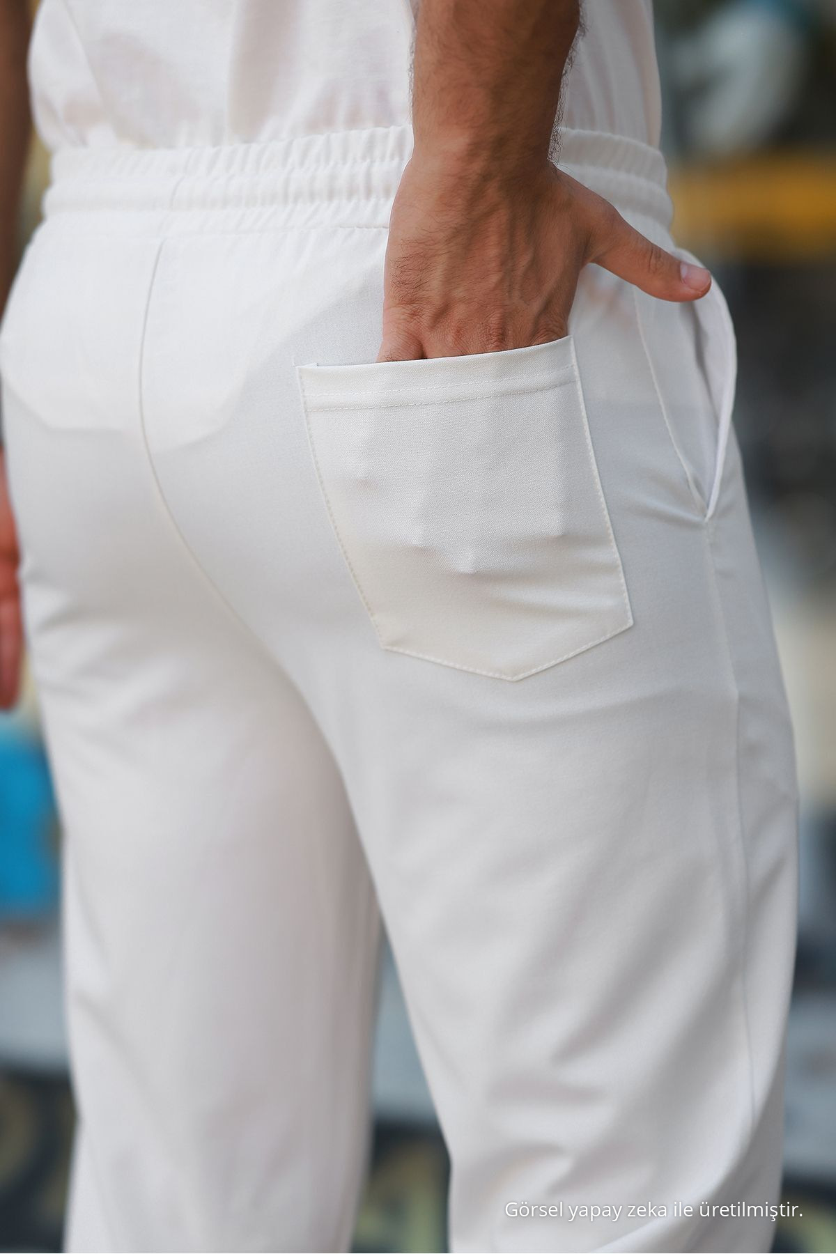 Erkek Beli Lastikli Bağcıklı Jogger Beyaz Kumaş Pantolon Rahat Kesim Yan Cepli 3