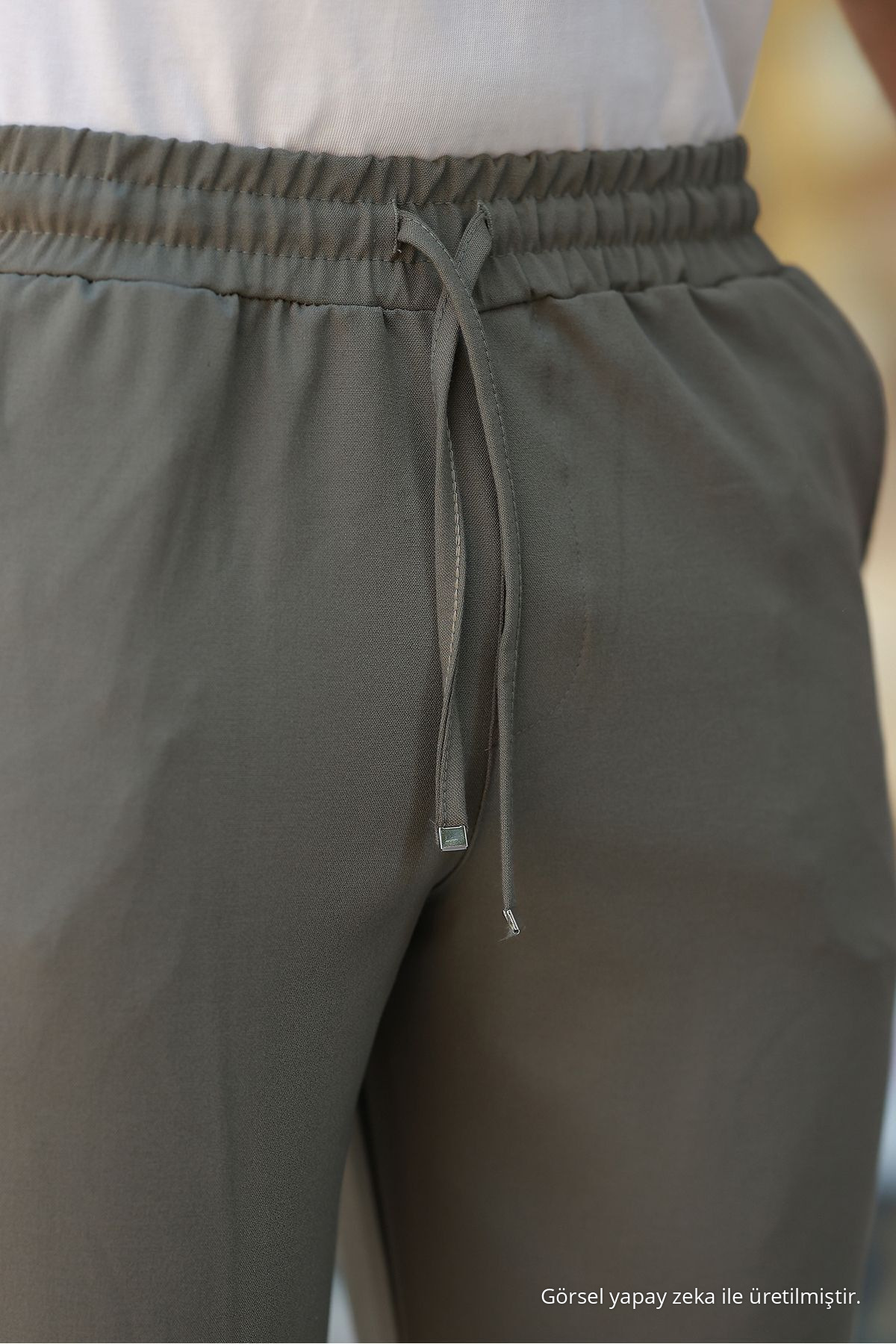 Erkek Beli Lastikli Bağcıklı Jogger HAKİ Kumaş Pantolon Rahat Kesim Yan Cepli 4