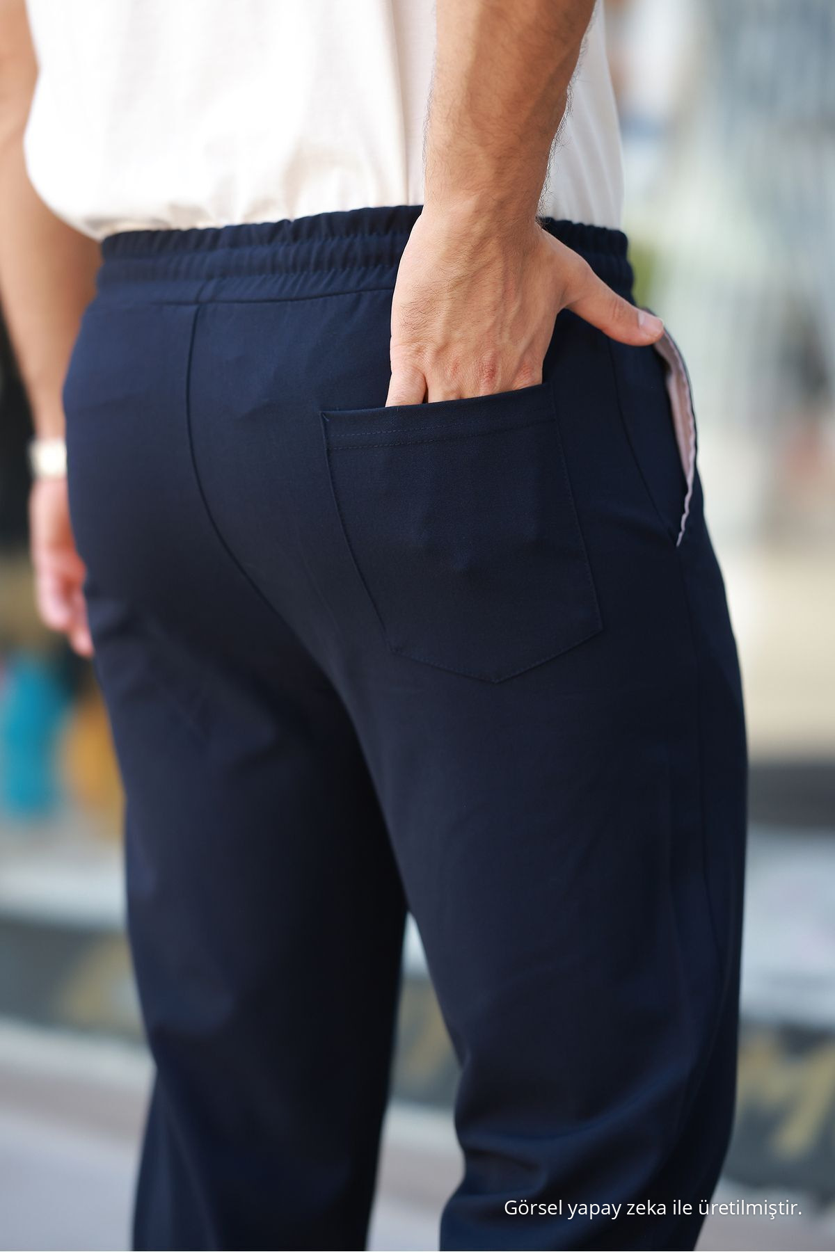 Erkek Beli Lastikli Bağcıklı Jogger LACİVERT Kumaş Pantolon Rahat Kesim Yan Cepli 3