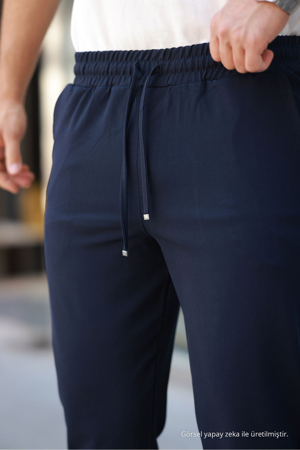 Erkek Beli Lastikli Bağcıklı Jogger LACİVERT Kumaş Pantolon Rahat Kesim Yan Cepli 4