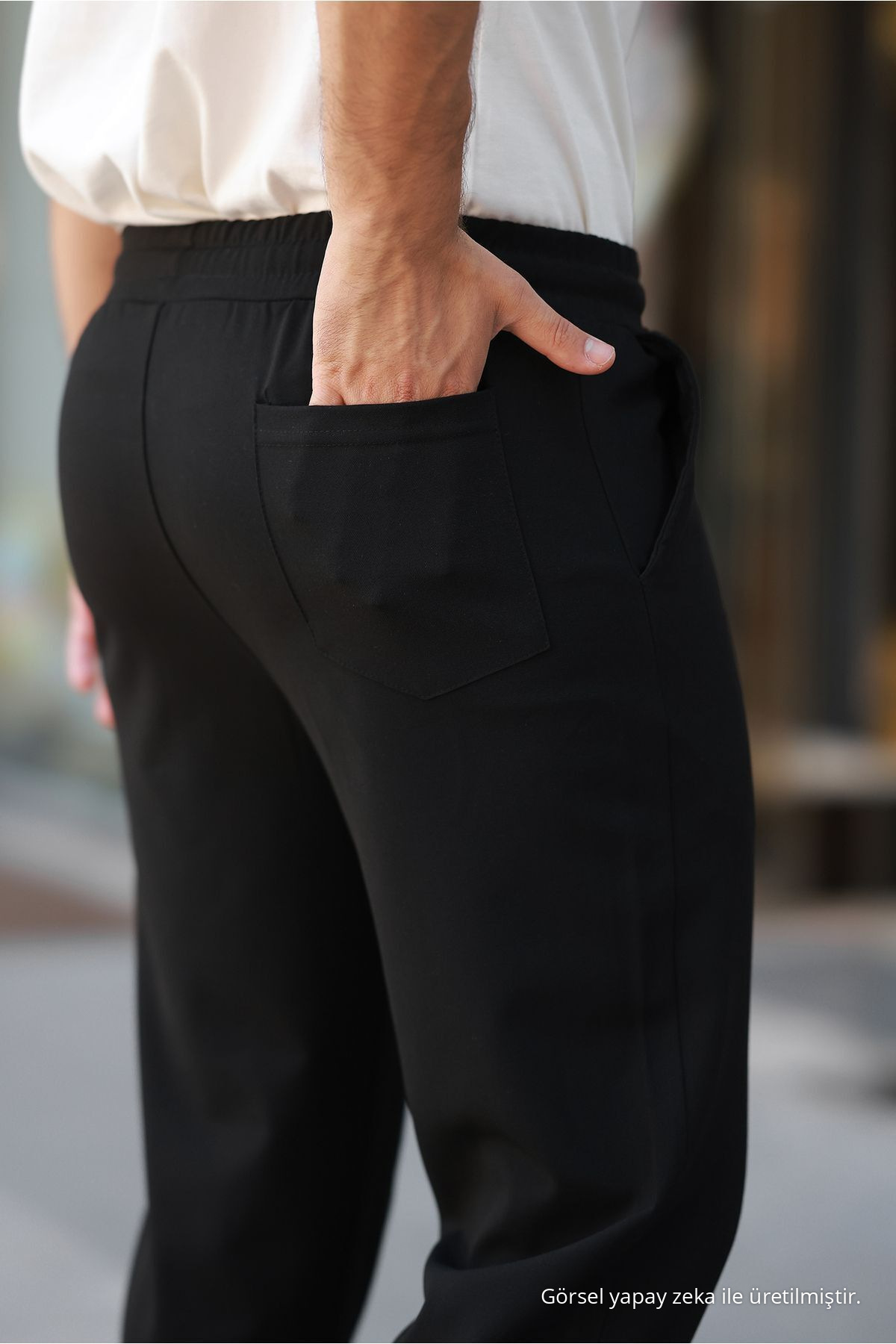 Erkek Beli Lastikli Bağcıklı Jogger SİYAH Kumaş Pantolon Rahat Kesim Yan Cepli 3