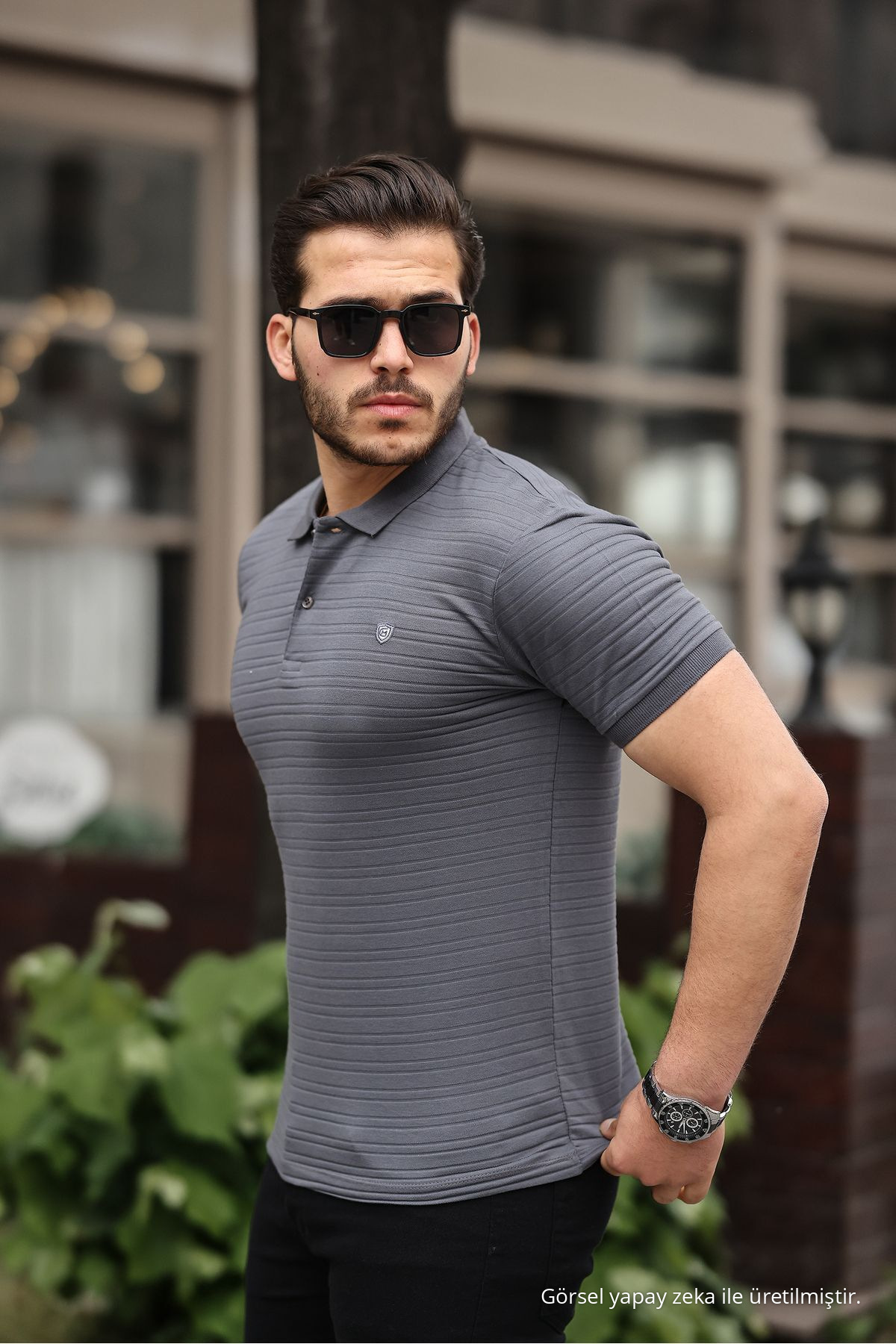 Erkek Çekmeyen Pamuklu Kumaş Slim Fit Füme Kıvrılmaz Polo Yaka T-shirt 3