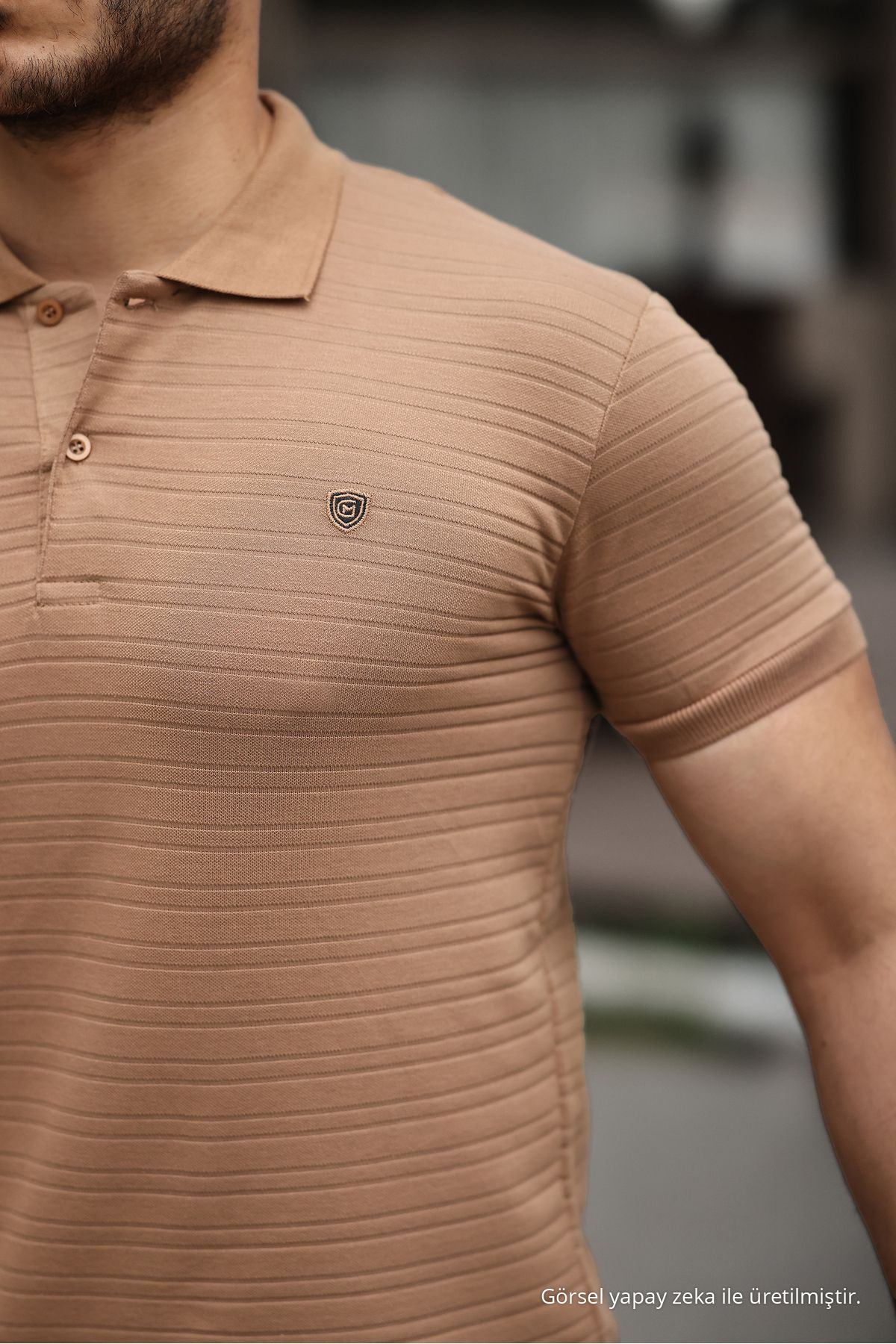 Erkek Çekmeyen Pamuklu Kumaş Slim Fit Karamel Kıvrılmaz Polo Yaka T-shirt 3