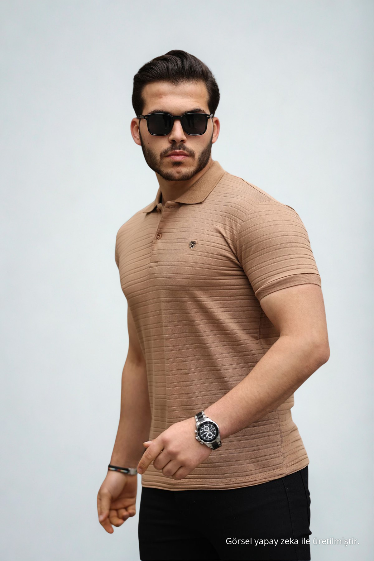 Erkek Çekmeyen Pamuklu Kumaş Slim Fit Karamel Kıvrılmaz Polo Yaka T-shirt 5