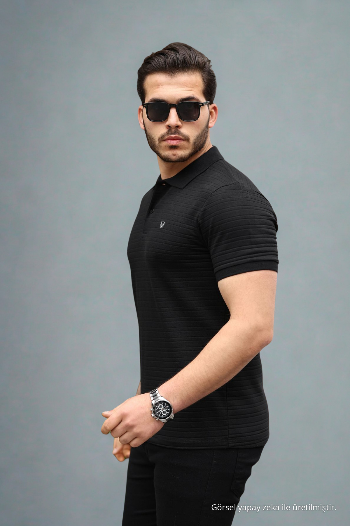 Erkek Çekmeyen Pamuklu Kumaş Slim Fit SİYAH Kıvrılmaz Polo Yaka T-shirt 5
