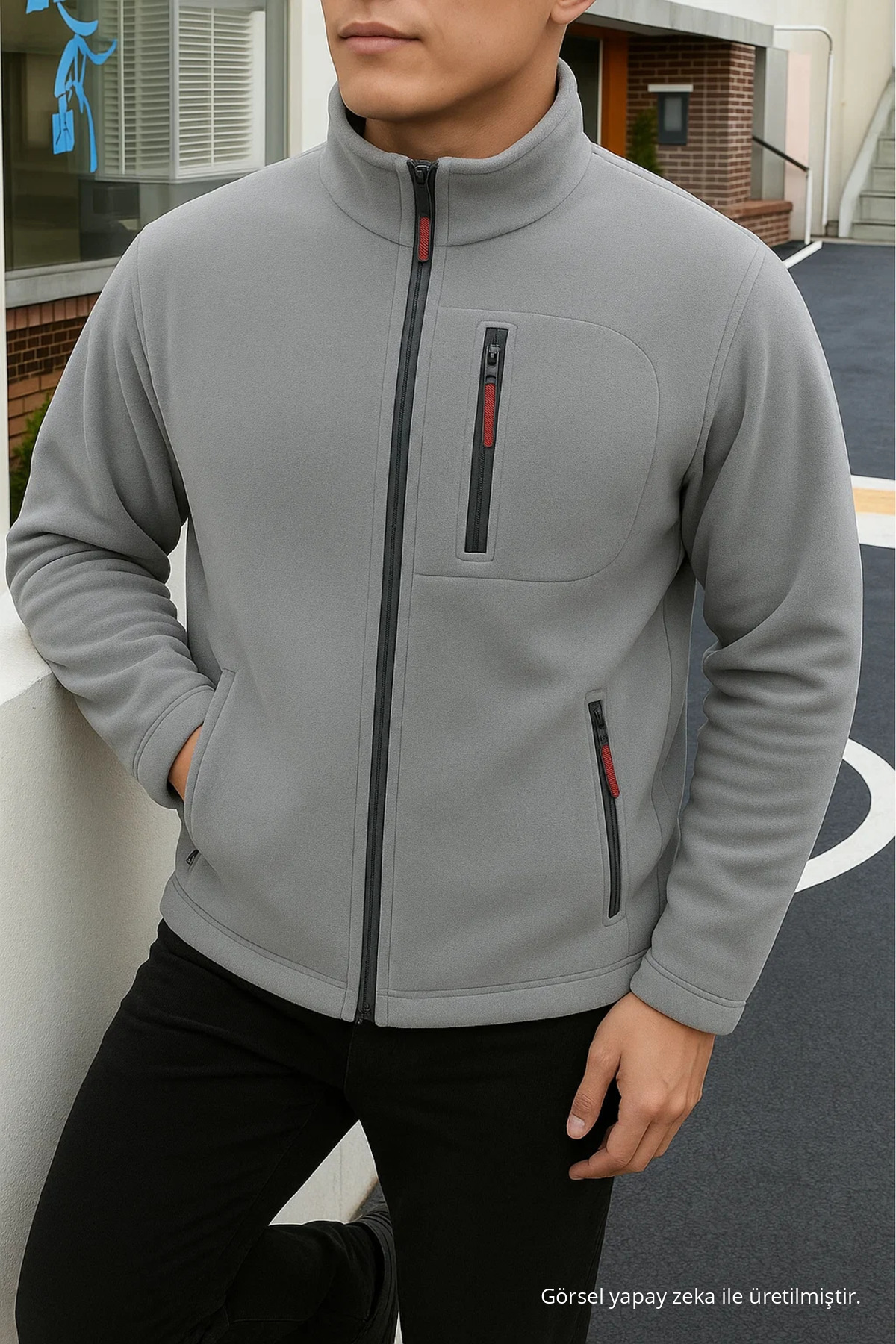 Erkek Comfort Fit Rahat Kalın Gri Polar 3