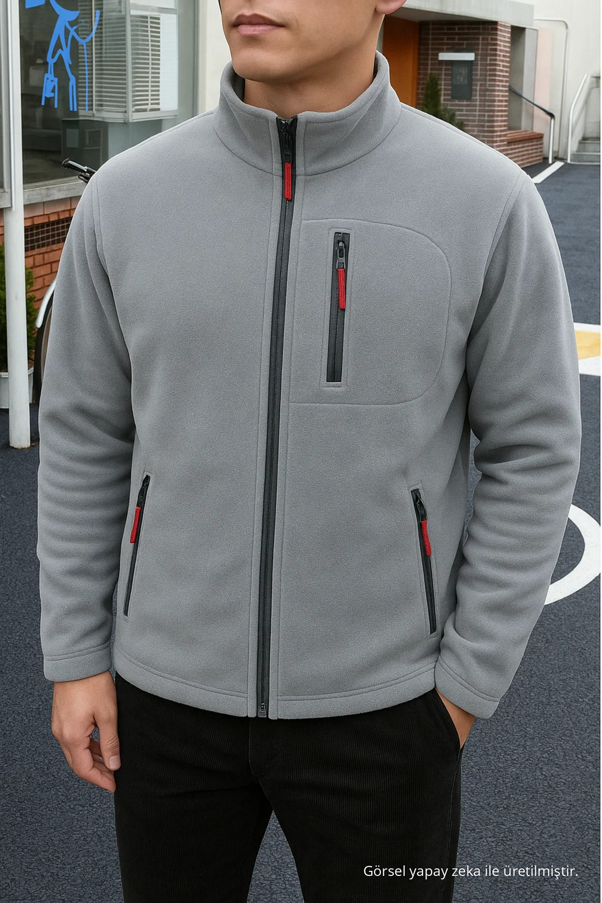 Erkek Comfort Fit Rahat Kalın Gri Polar 4