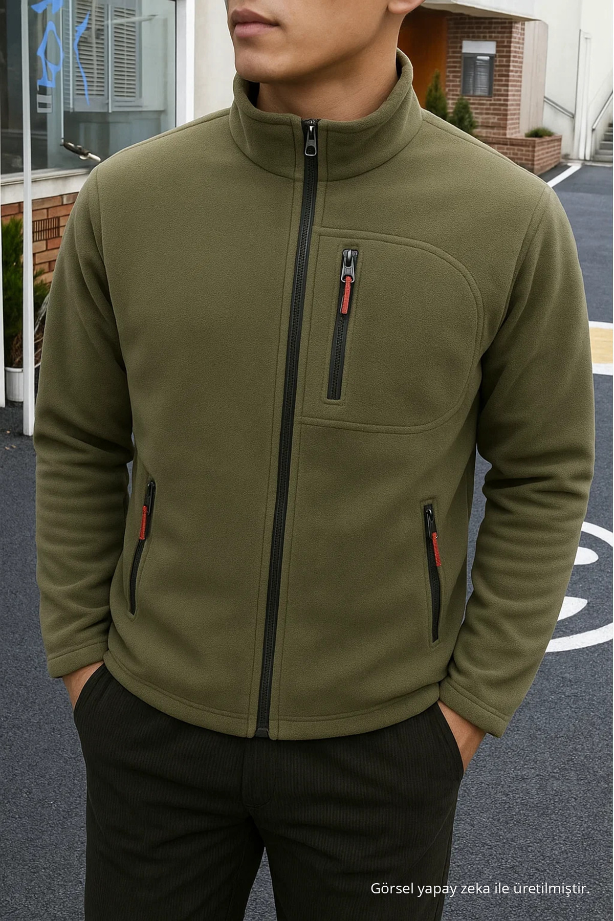 Erkek Comfort Fit Rahat Kalın Haki Polar 4