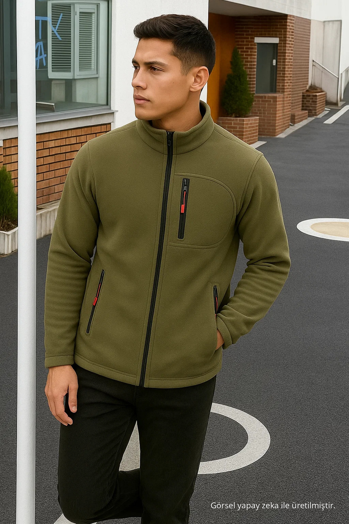 Erkek Comfort Fit Rahat Kalın Haki Polar 6